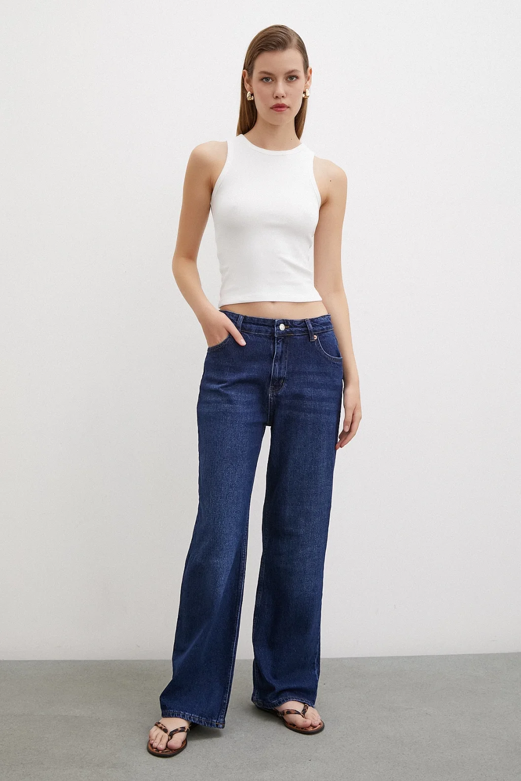 Yüksel Bel Wide Leg Jeans Navy Blue