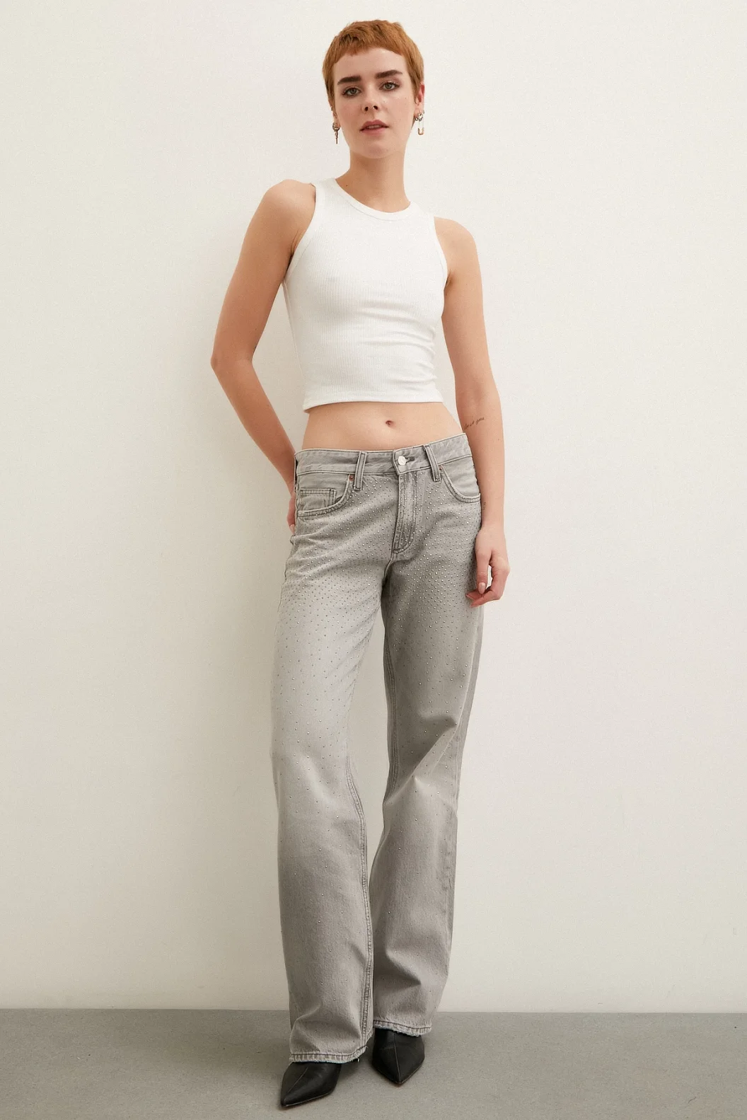 Stone Detailed High Waisted Wide Leg Jeans Smoke