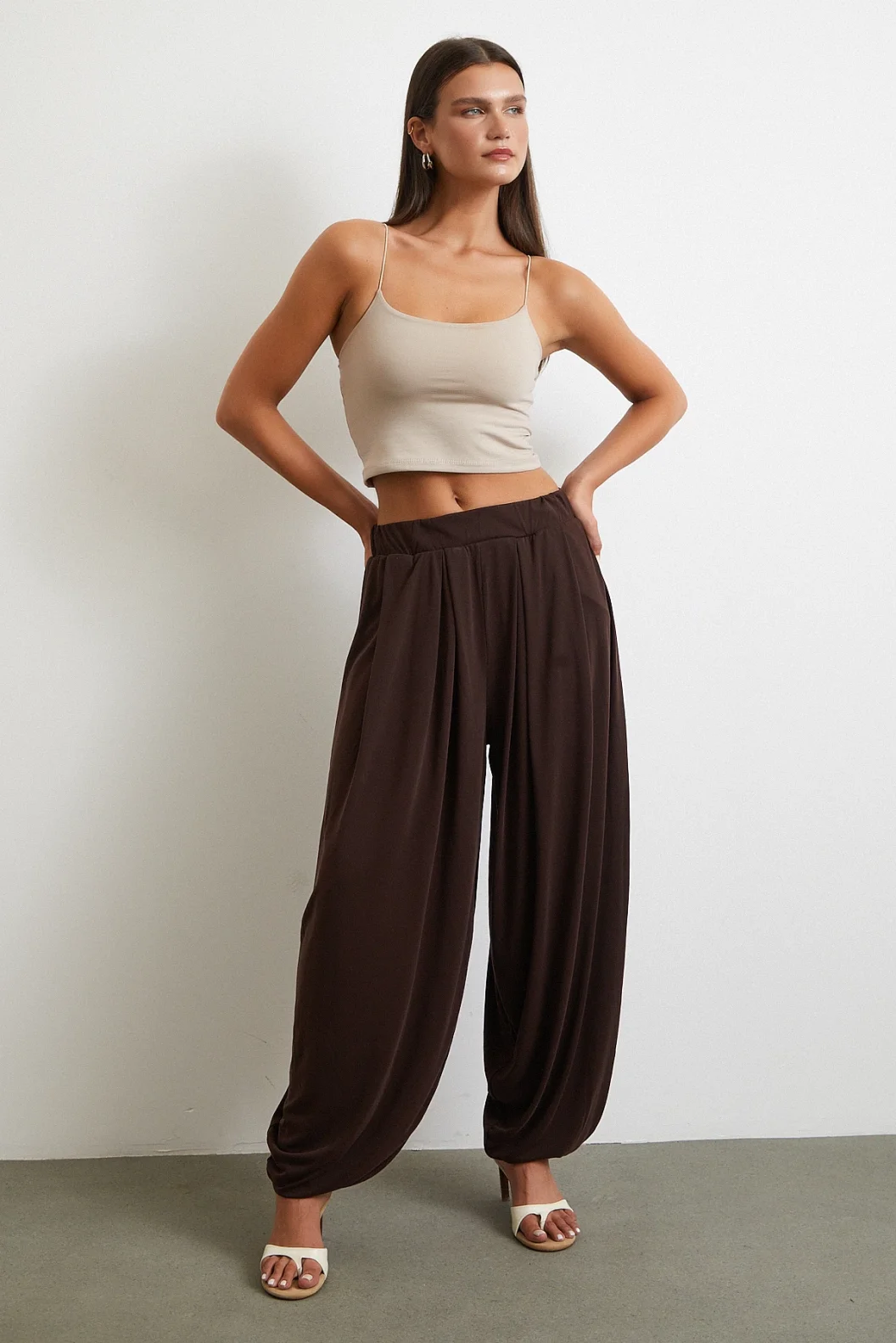 بنطلون سروال شالوار بتفاصيل الكاحل القهوة