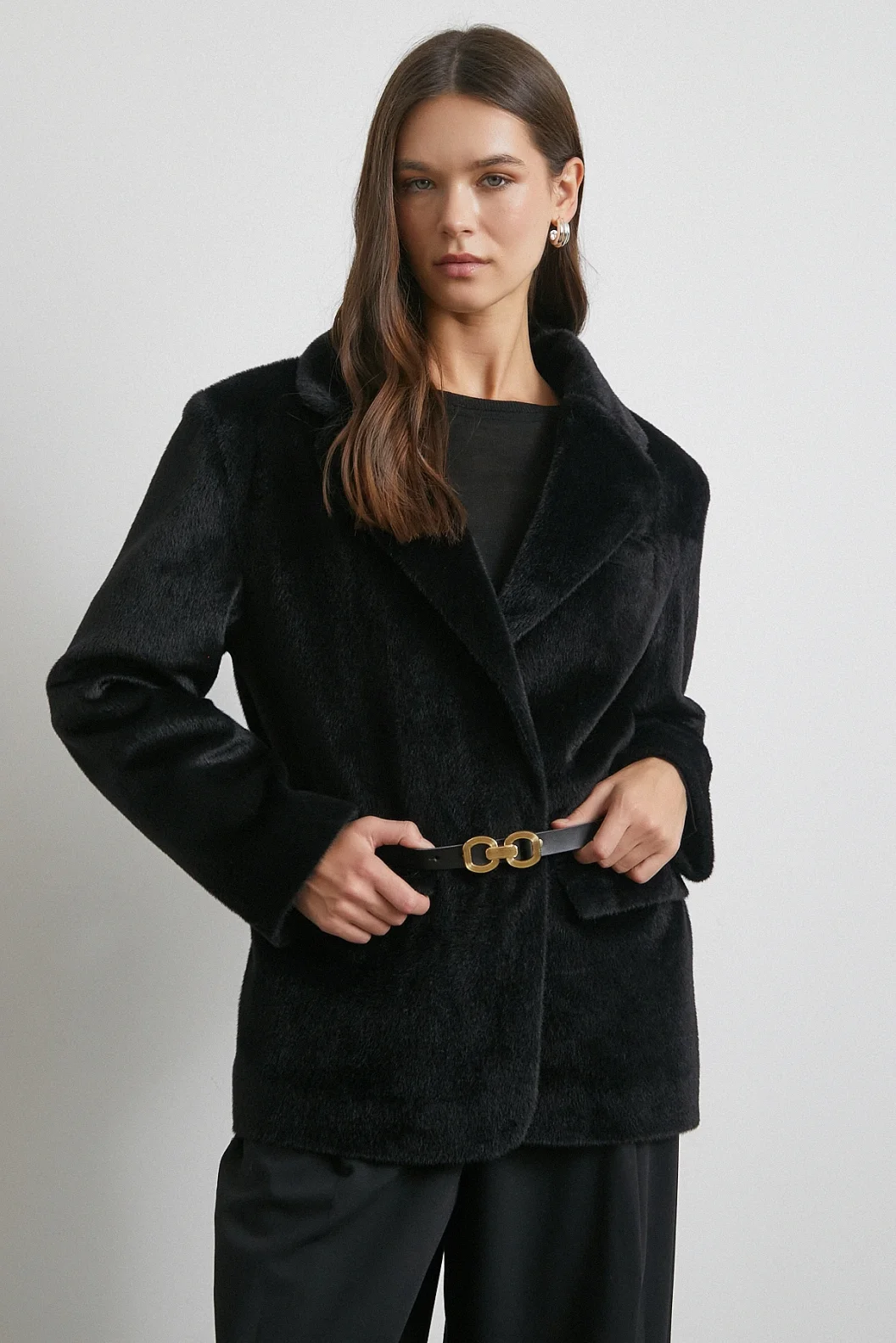 Kemerli Tay Flock Ceket Siyah