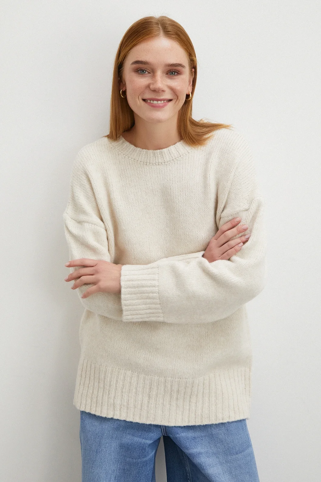 Bisiklet Yaka Fitilli Triko Kazak Ekru