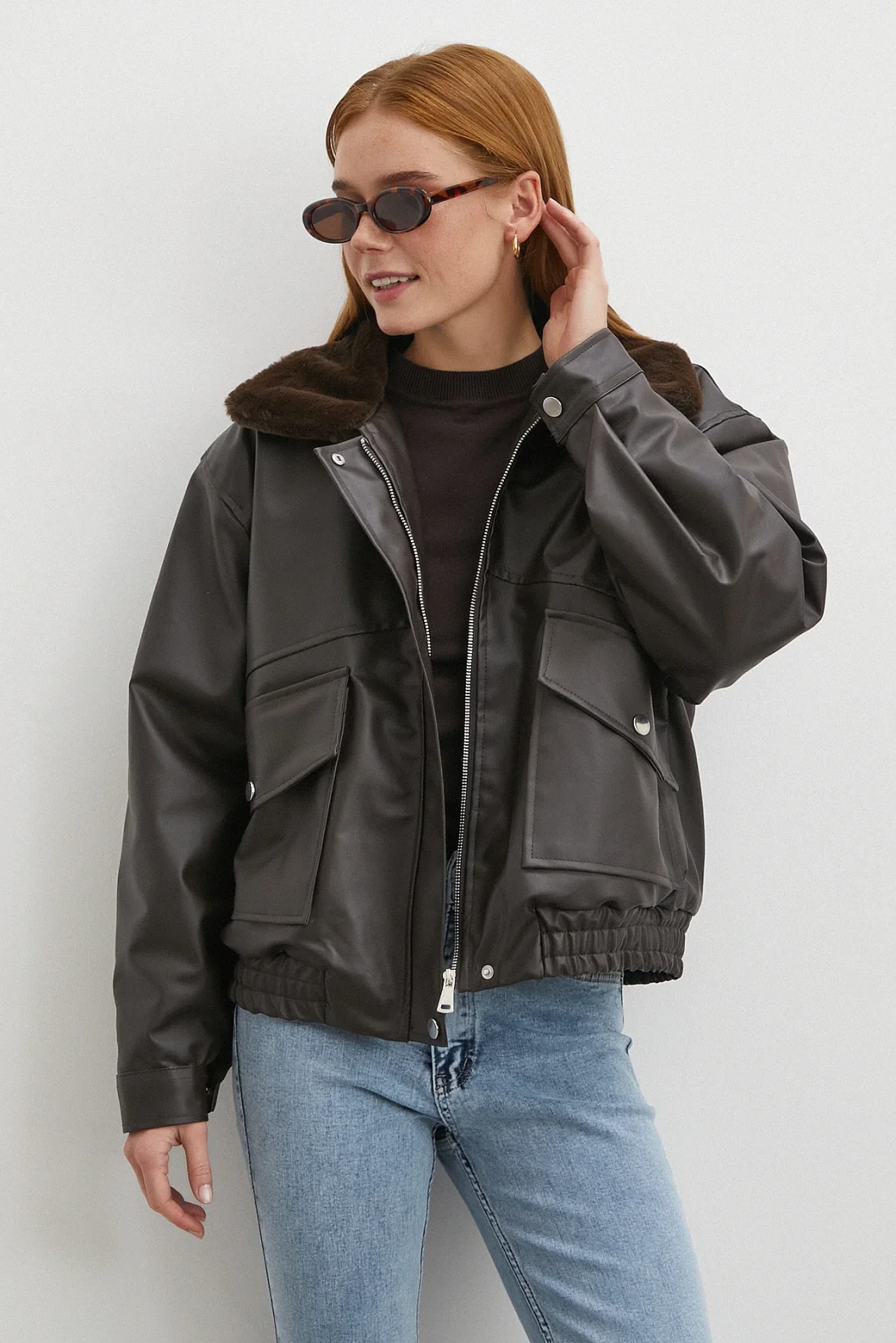 Peluş Astar Detaylı Deri Mont Kahve