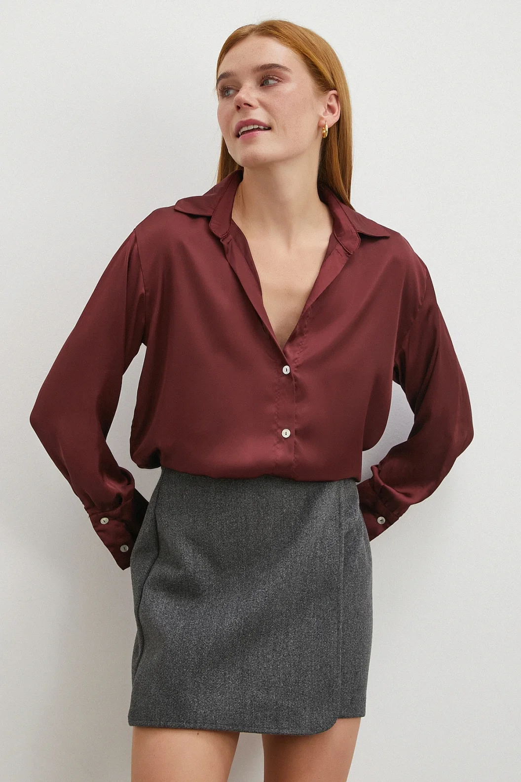 Basic Saten Gömlek Bordo