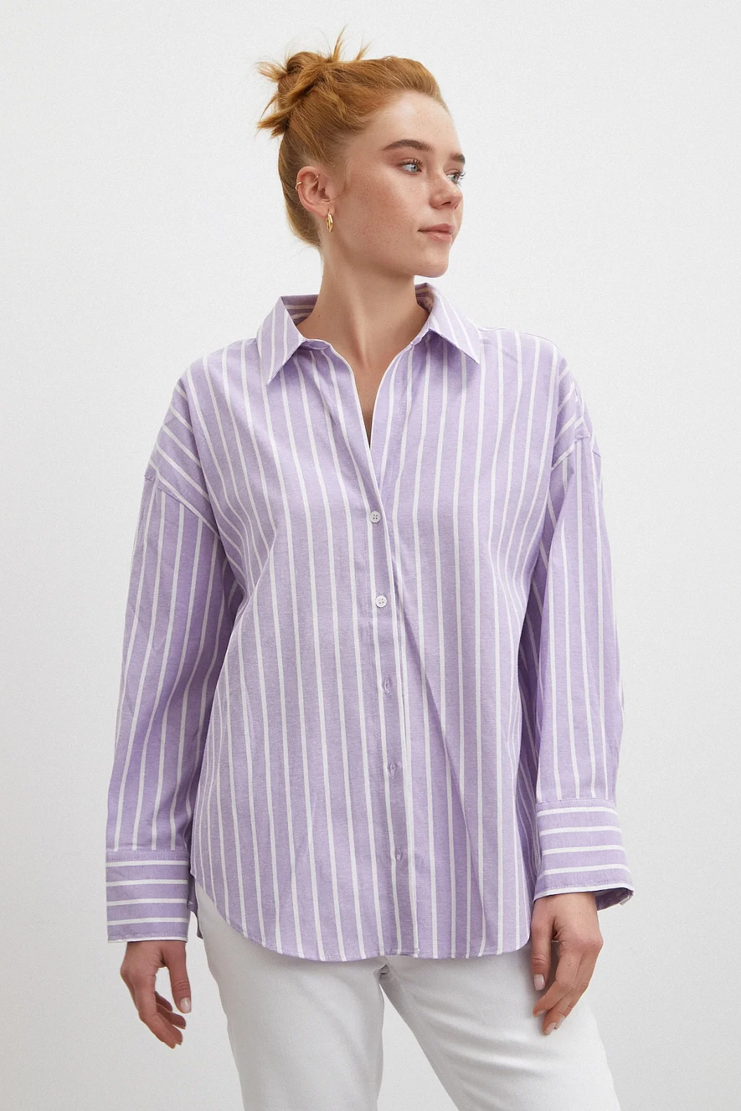 Uzun Kollu Çizgili Gömlek Lila