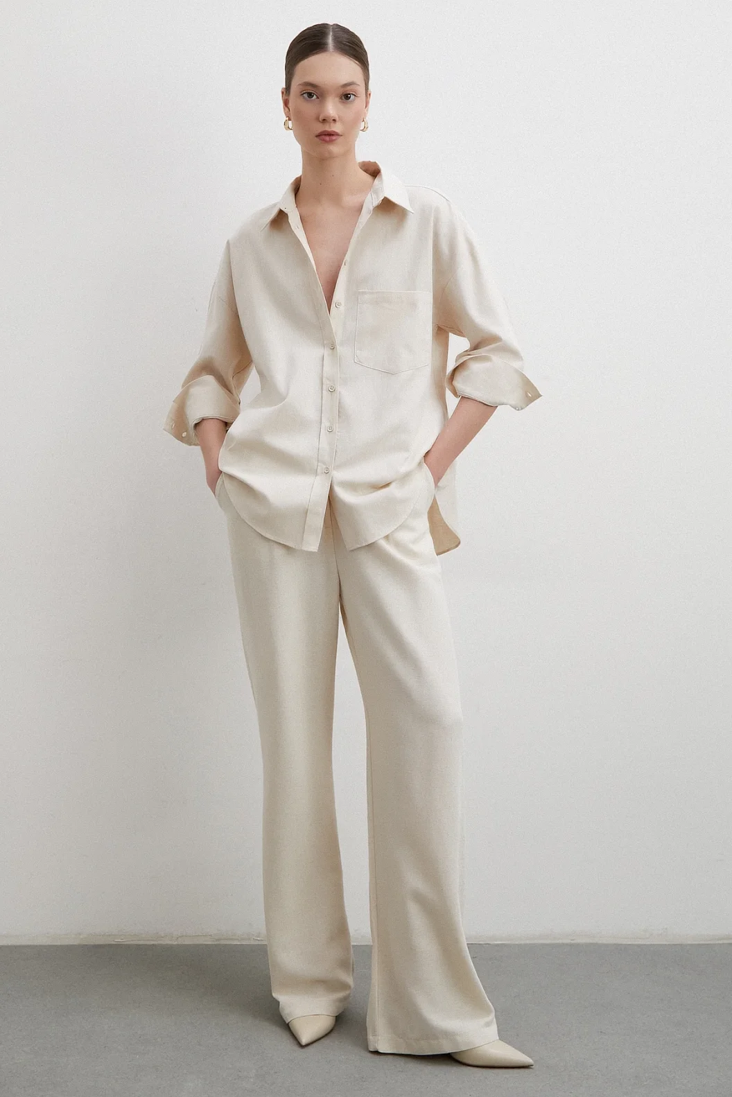 Leinenmischung Flowy Shirt Beige