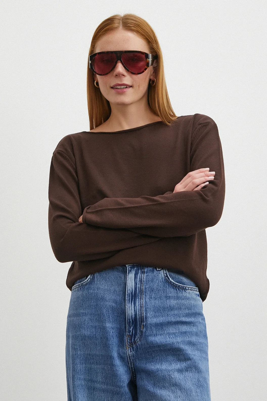 Kayık Yaka Uzun Kol Kazak Kahve