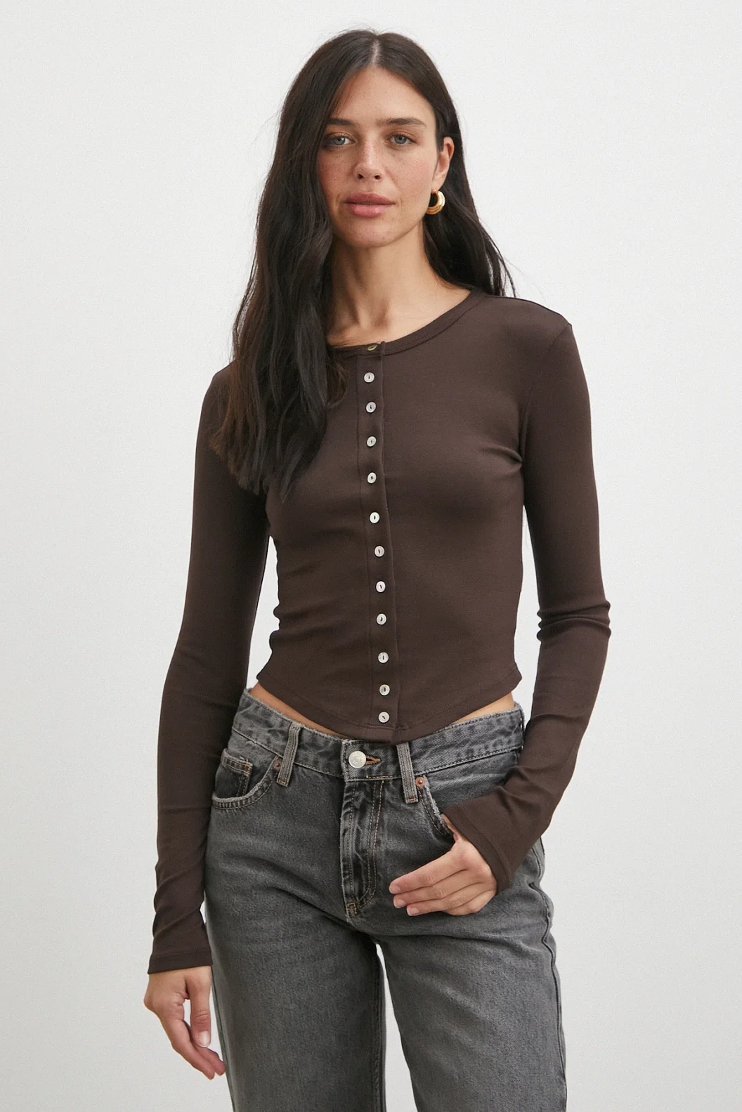 Düğmeli Uzun Kol Bluz Kahve