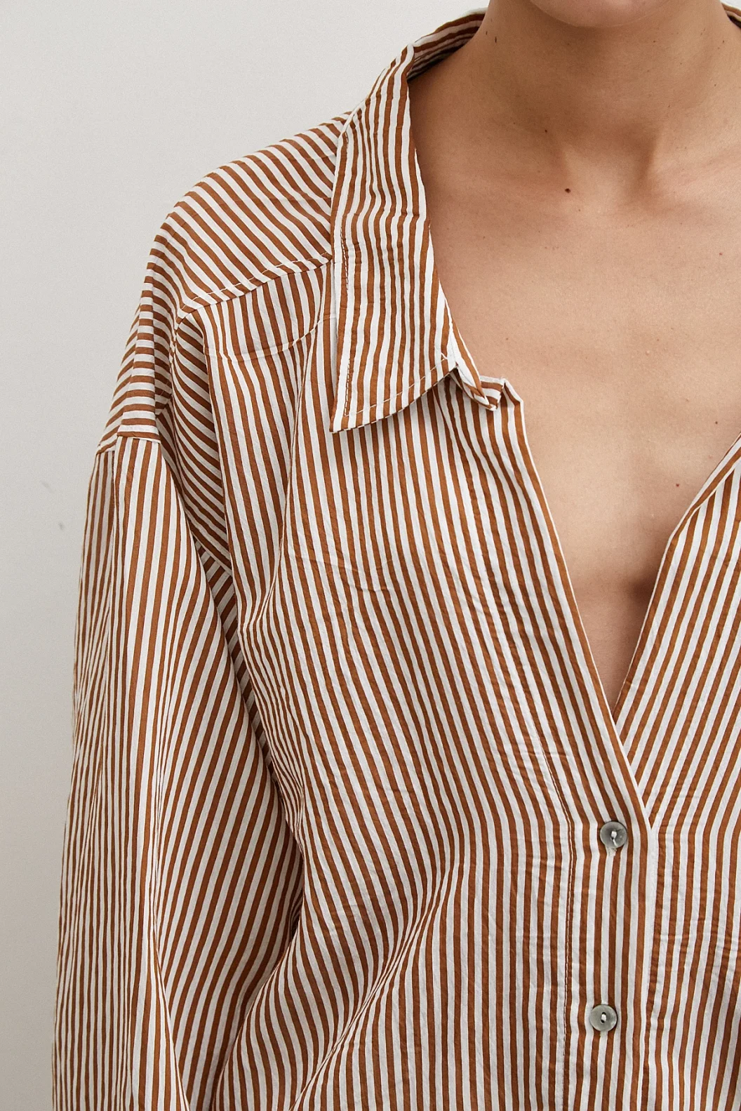 Yarasa Kol Çizgili Gömlek Kahve
