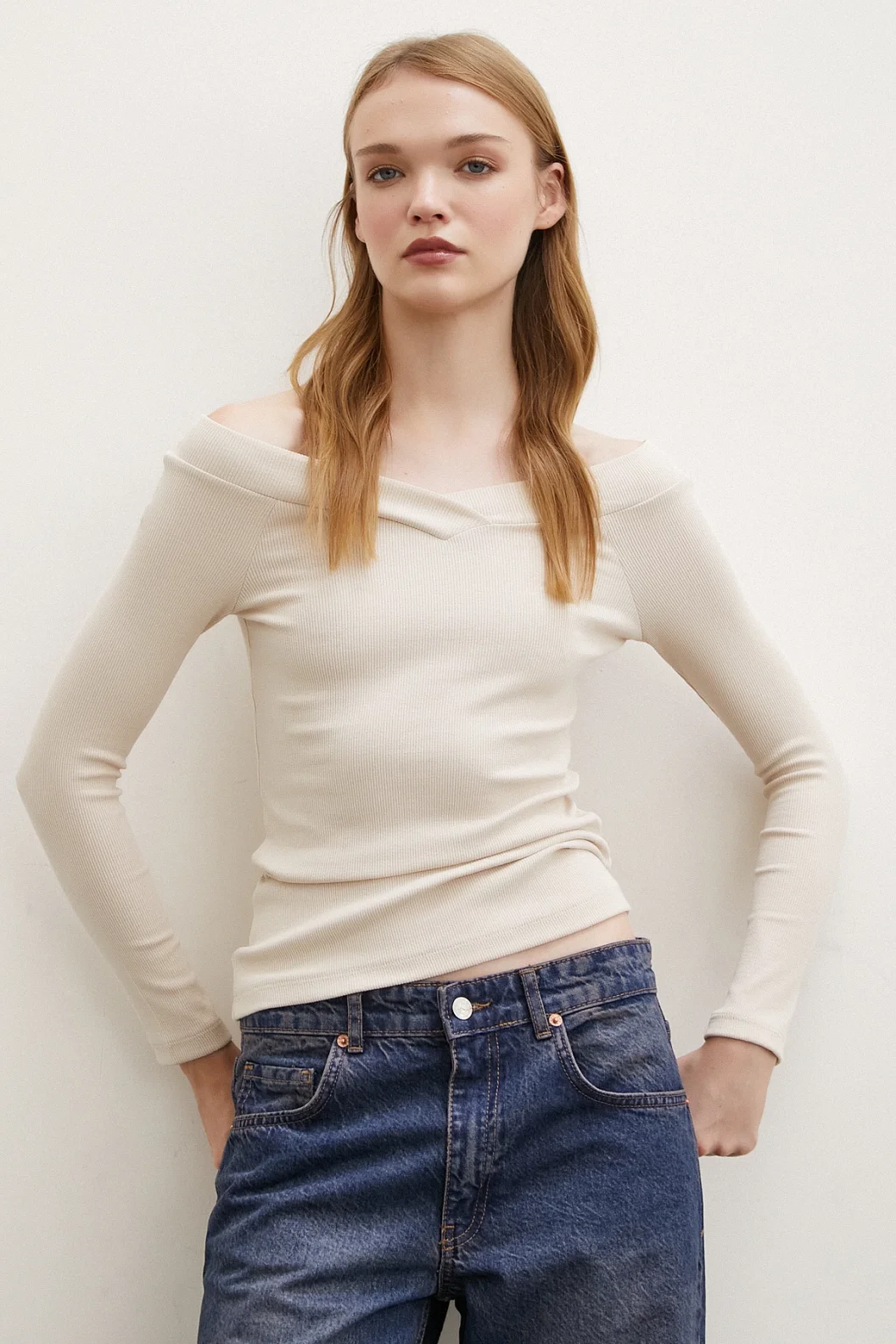 Boat Neck Blouse Beige