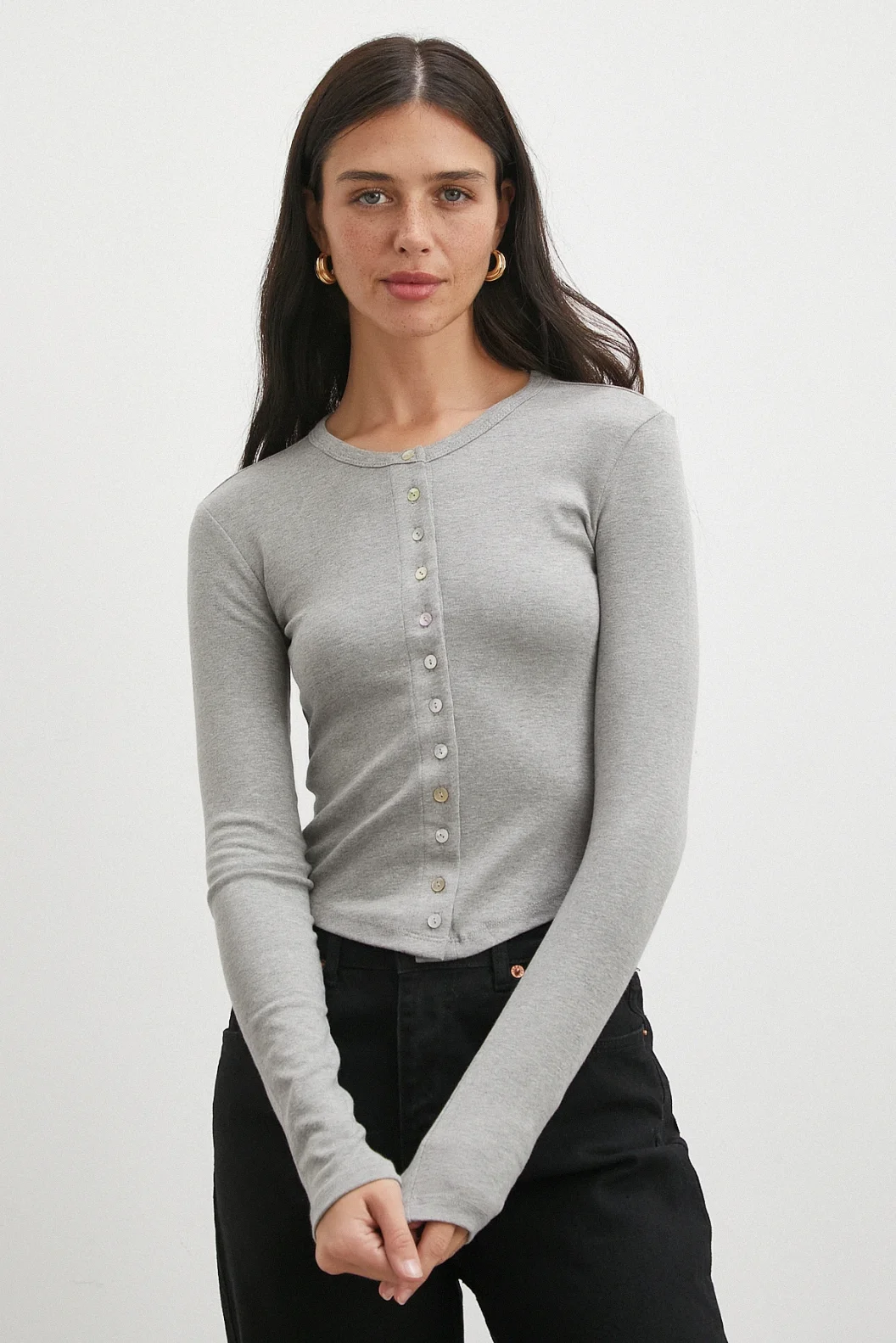 Düğmeli Uzun Kol Bluz Gri