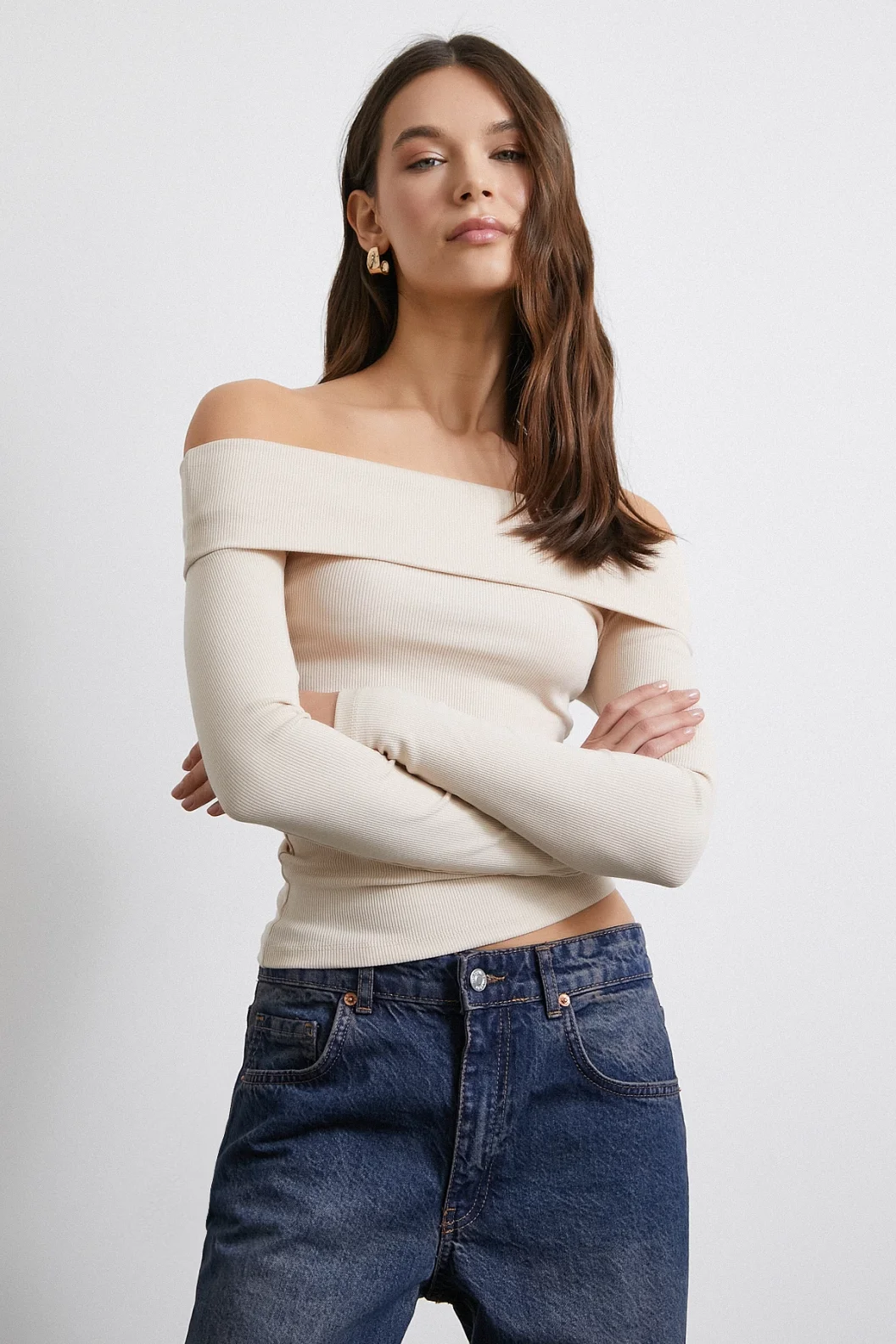 Schulterfreie Korsettbluse Beige