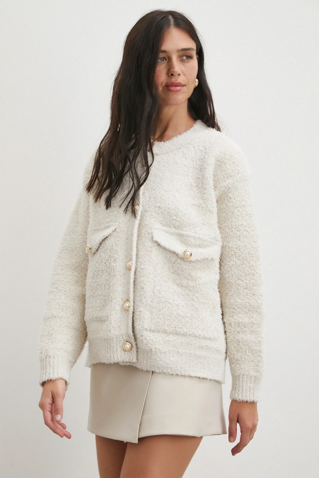 Cepli Düğmeli Simli Hırka Ekru