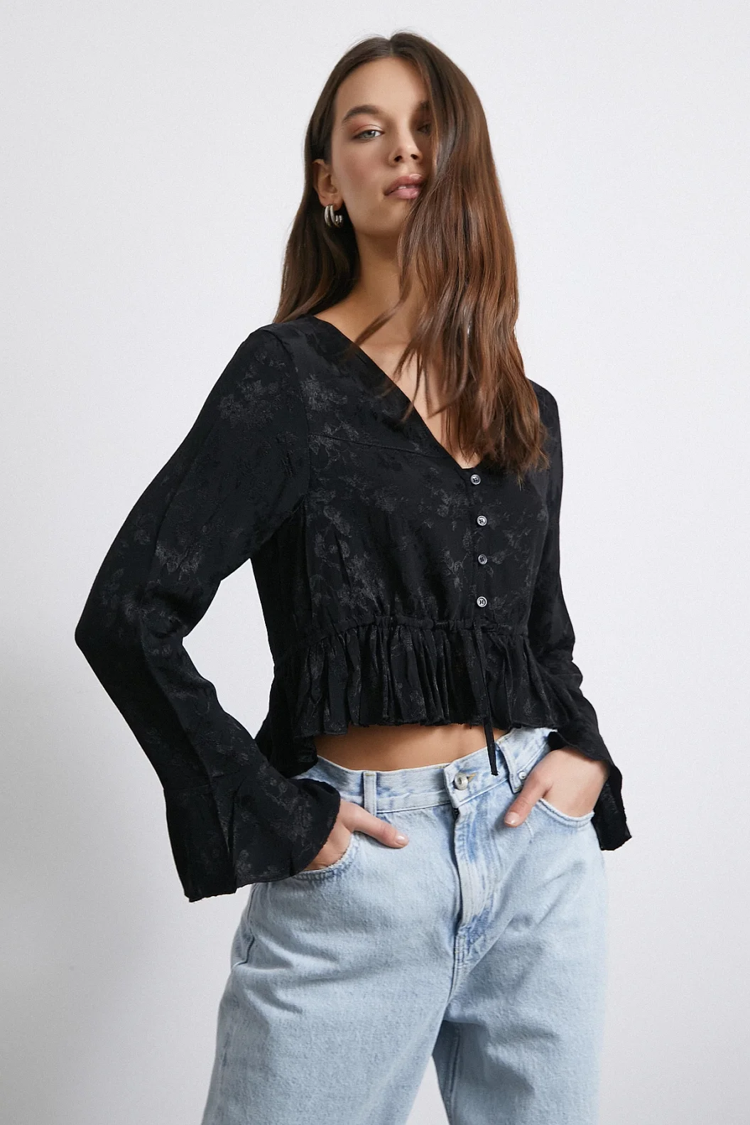 V-Neck Frilly Black Blouse