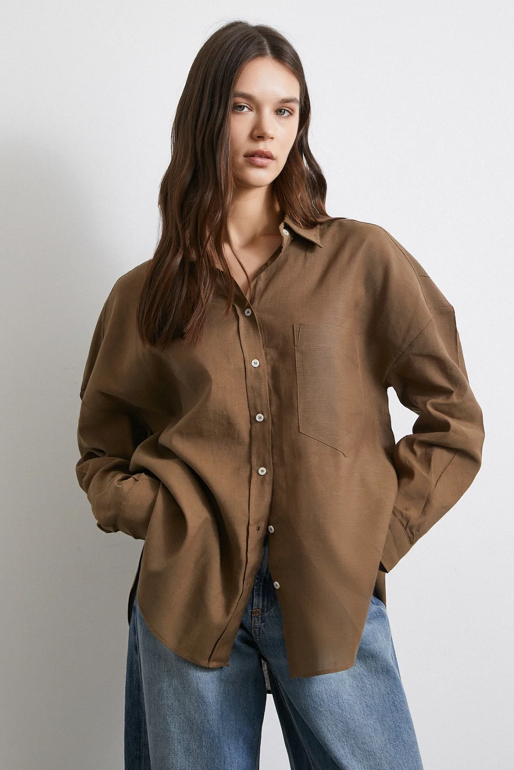 Cepli Oversize Keten Gömlek Kahve