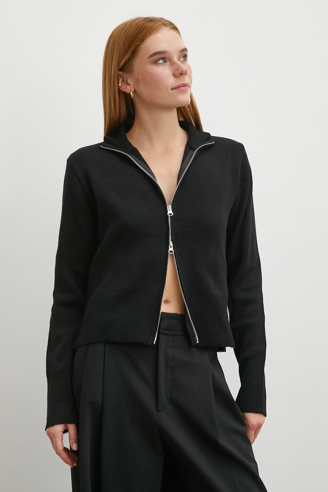 Çift Fermuarlı Triko Hırka Siyah