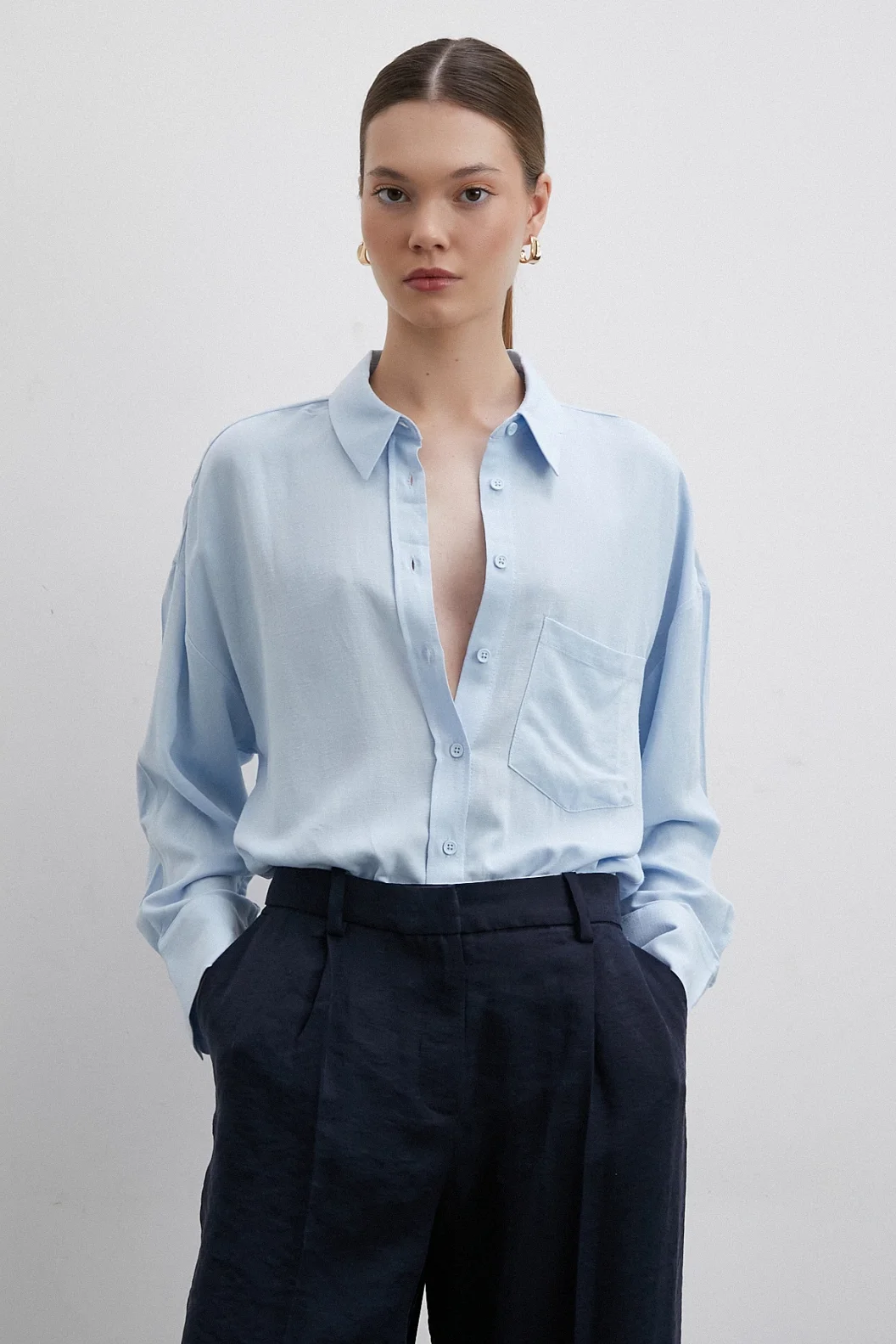 Keten Görünümlüı Linen Prunes Gömlek Mavi