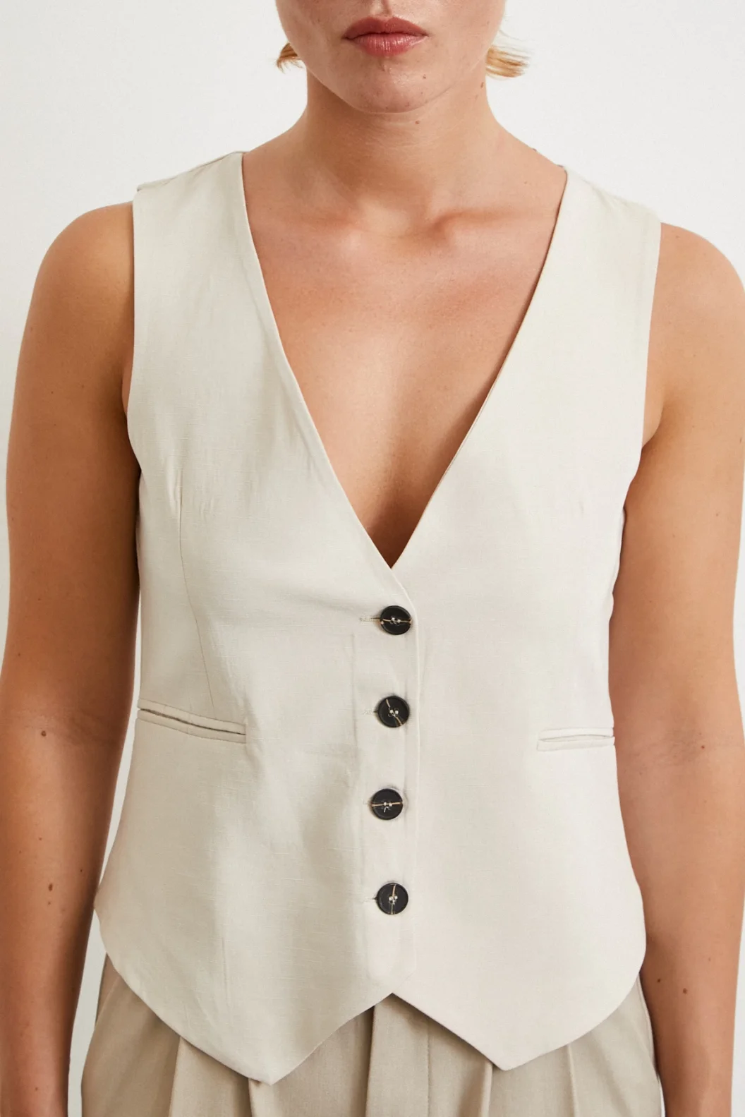 Cep Kapaklı Keten Yelek Krem