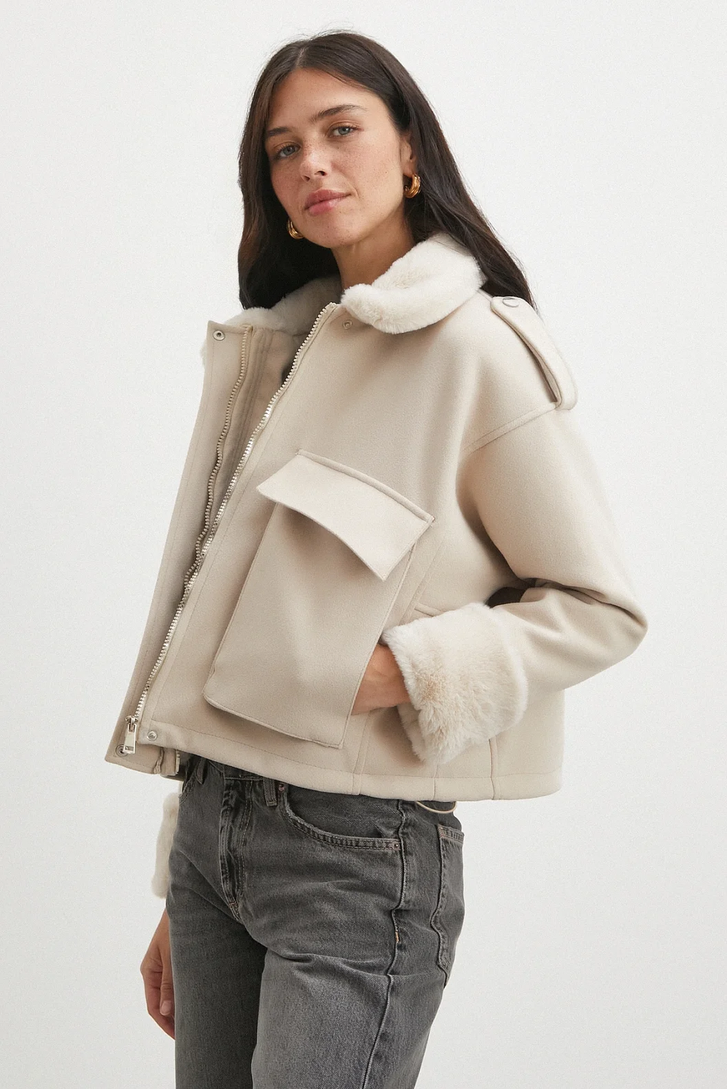 Apoletli Yünlü Körük Cepli Kaşe Mont Bej