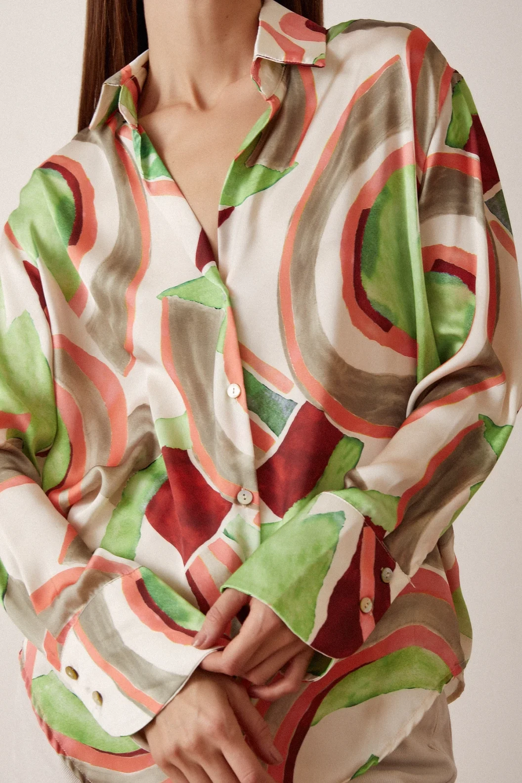 V Neck Patterned Satin Shirt Mint