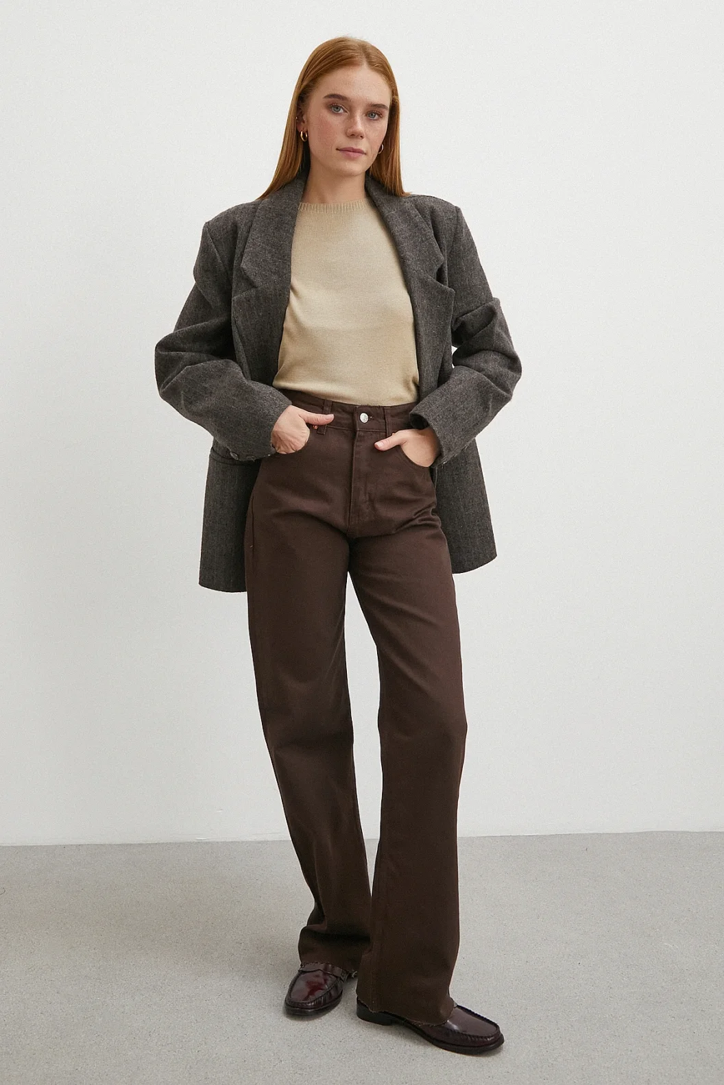 Yüksek Bel Kesik Boru Paça Jean Kahve