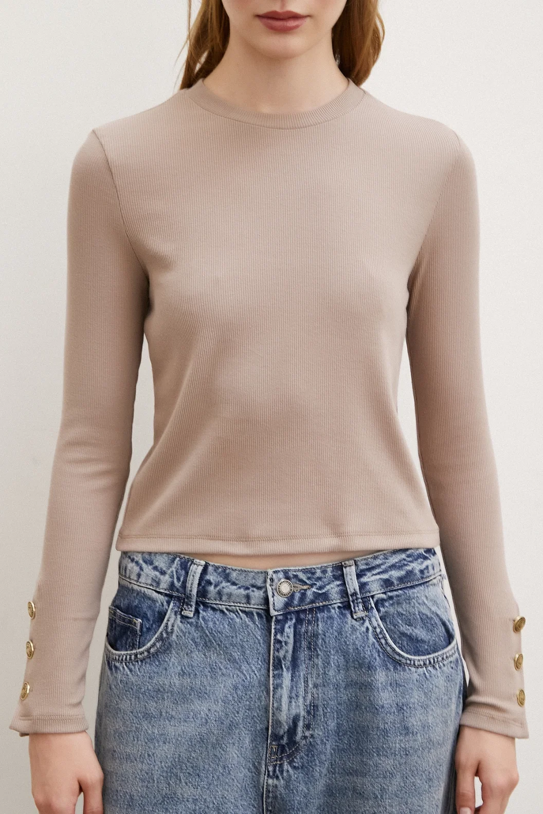 Kolu Düğmeli Bluz Vizon