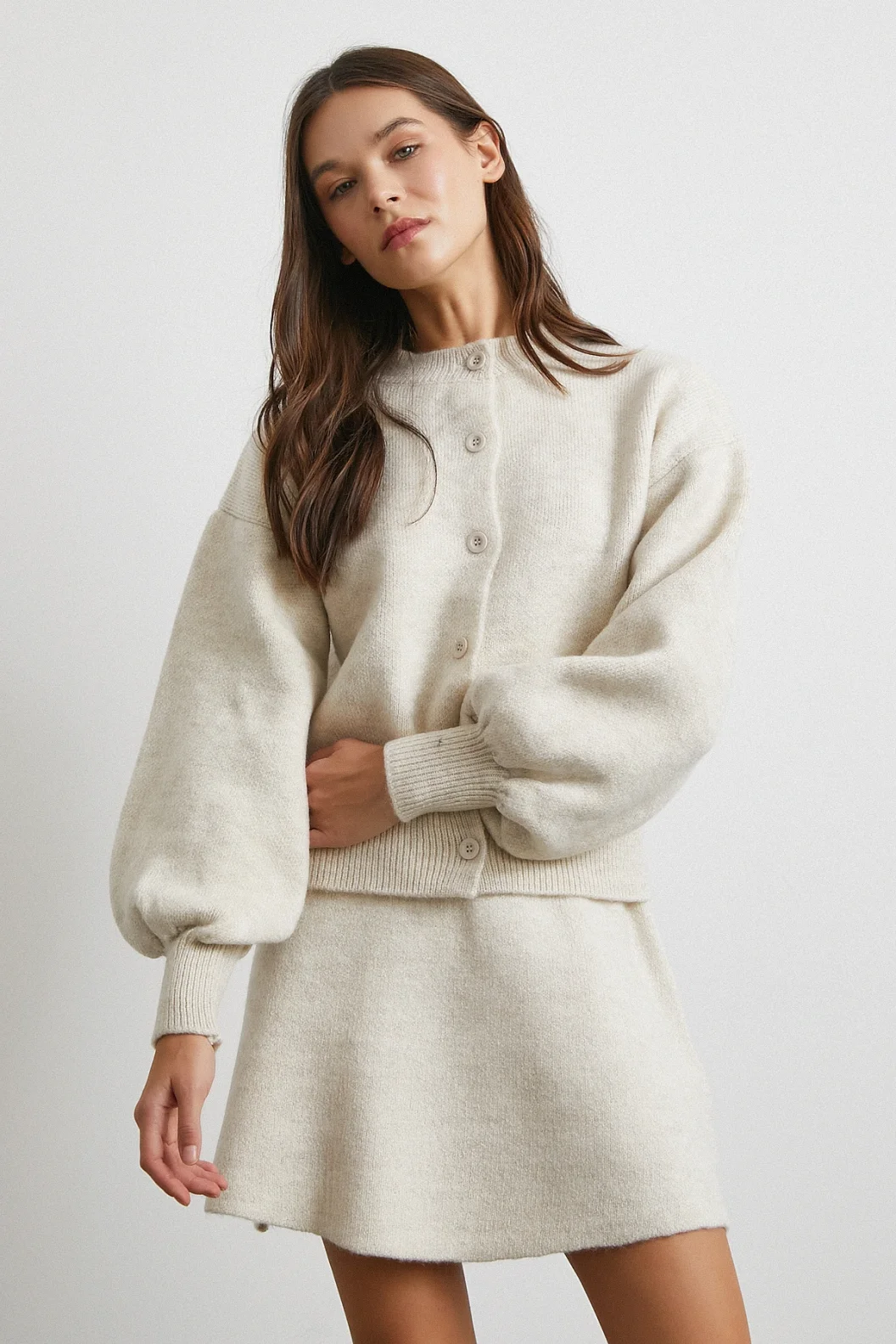 Hırka Etek Triko Takım Ekru