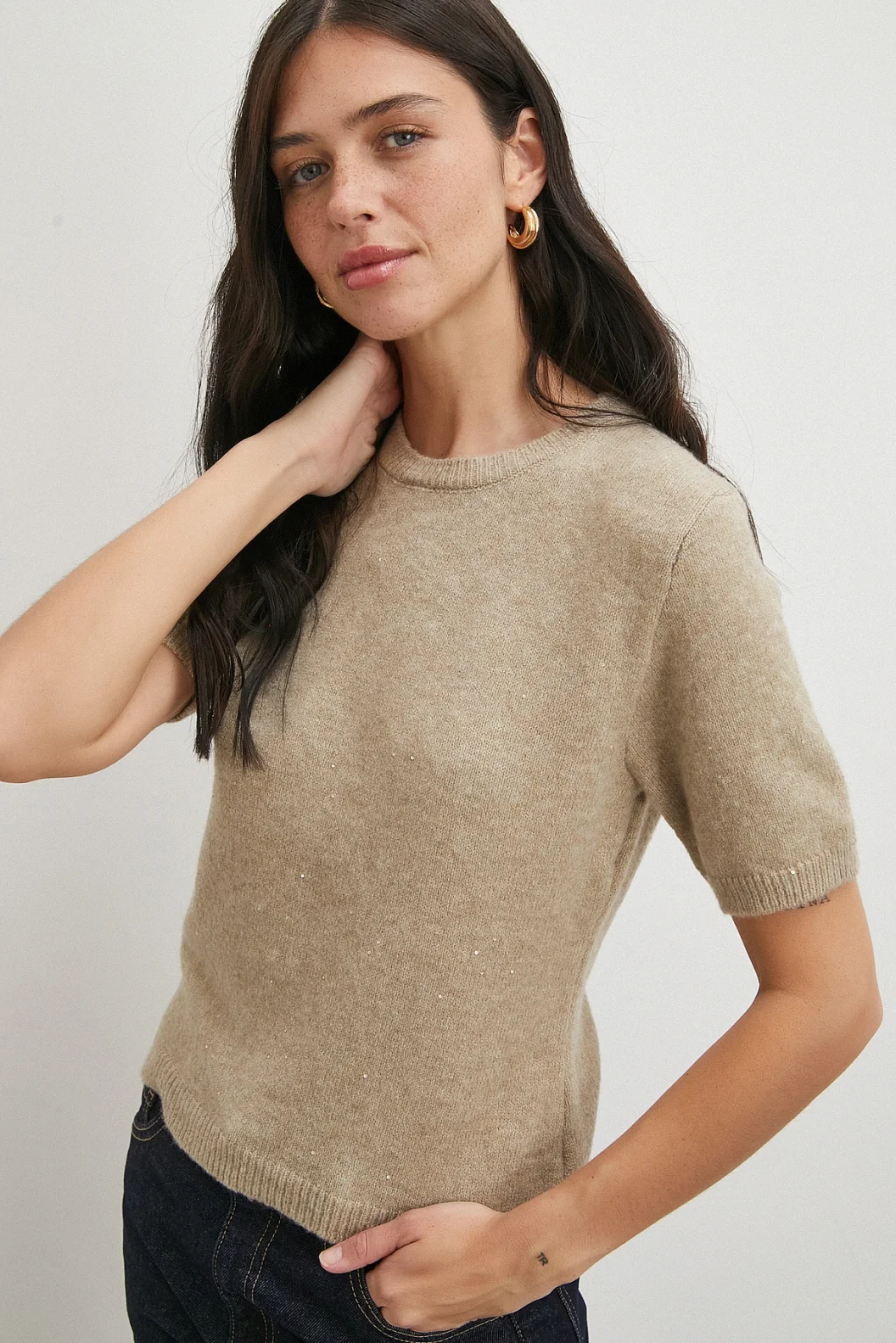 Simli Kısa Kol Kazak Vizon