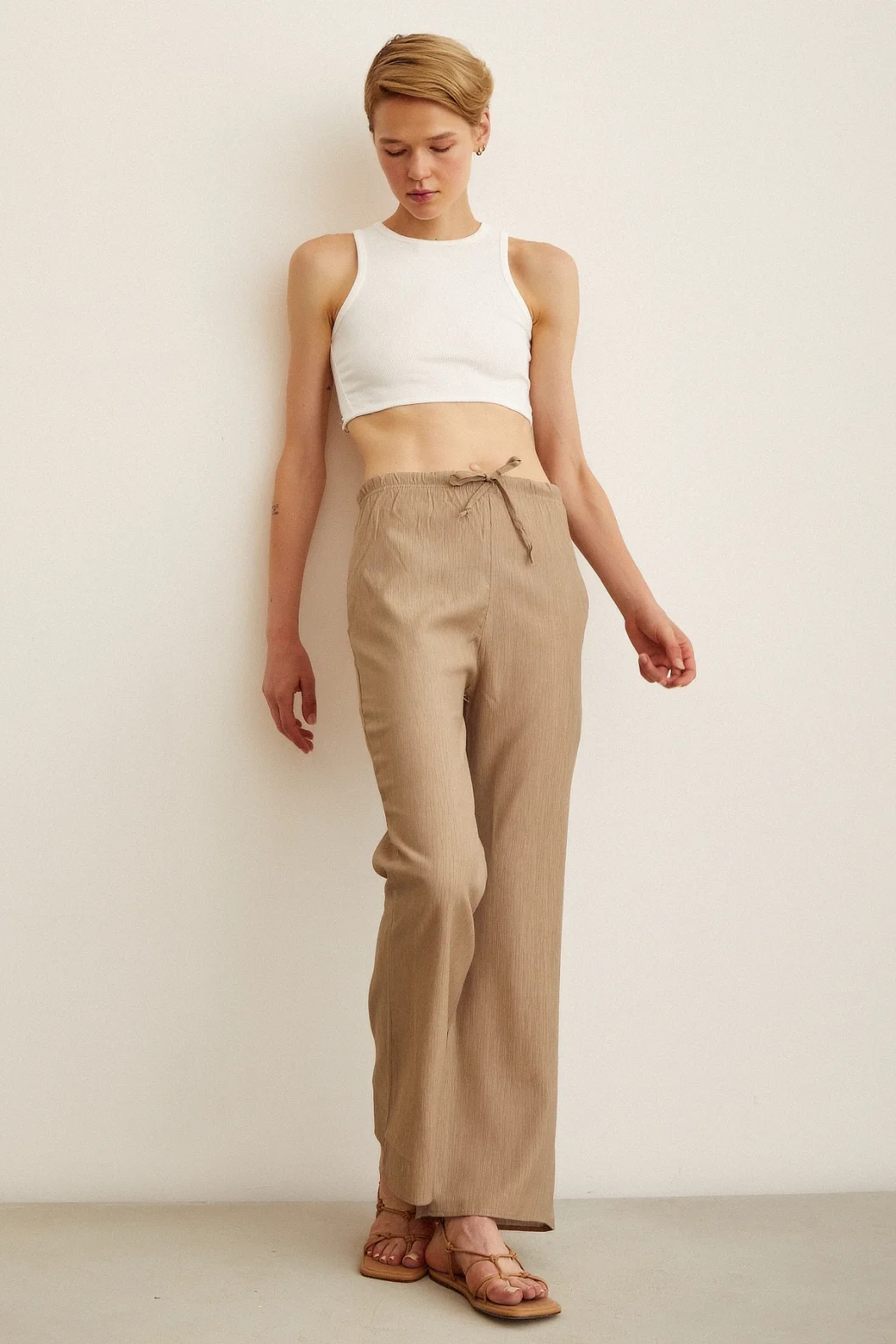 Elastic Waist Flared High Waist Pants Khaki