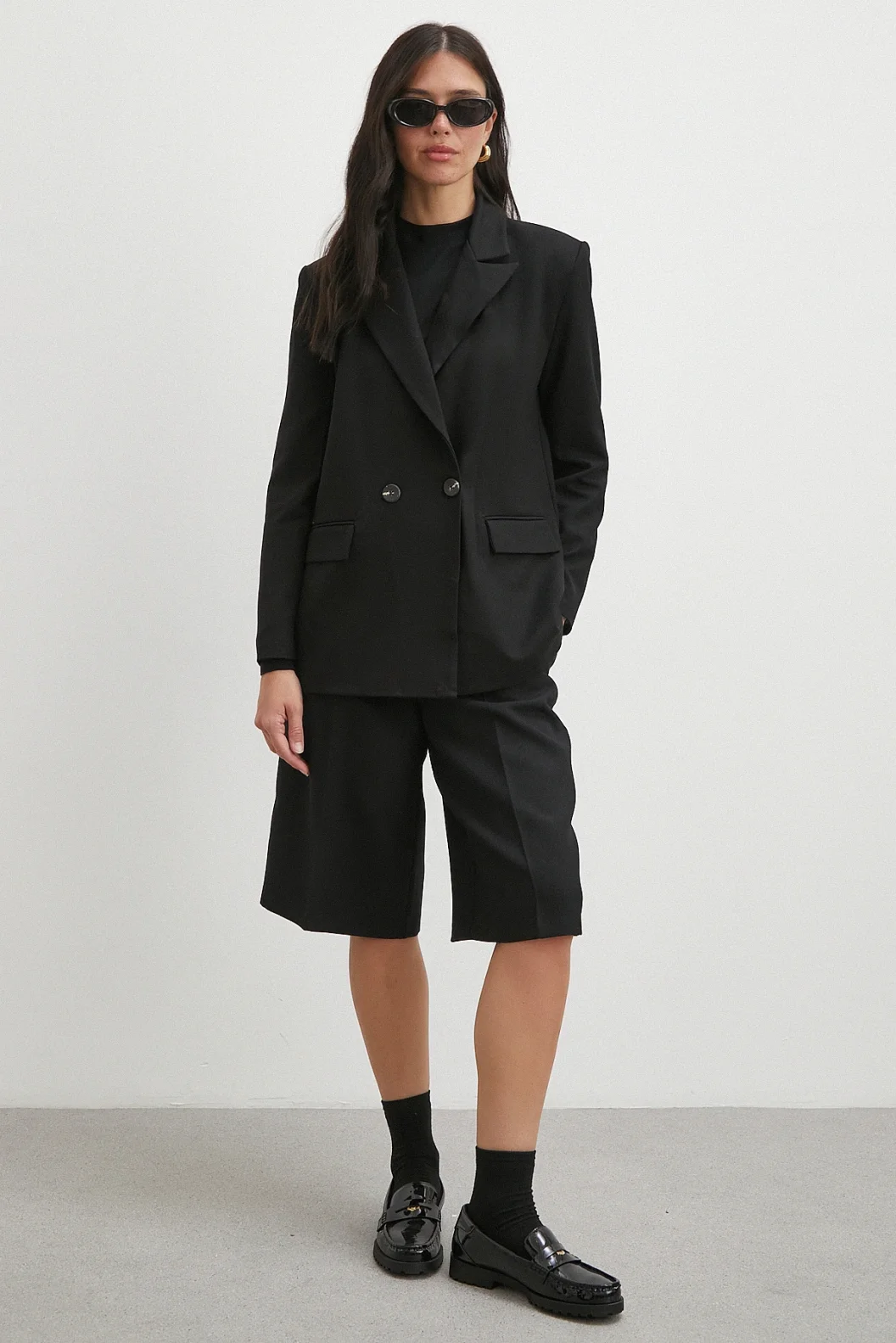 Çift Dügmeli Cep Kapaklı Blazer Ceket Siyah