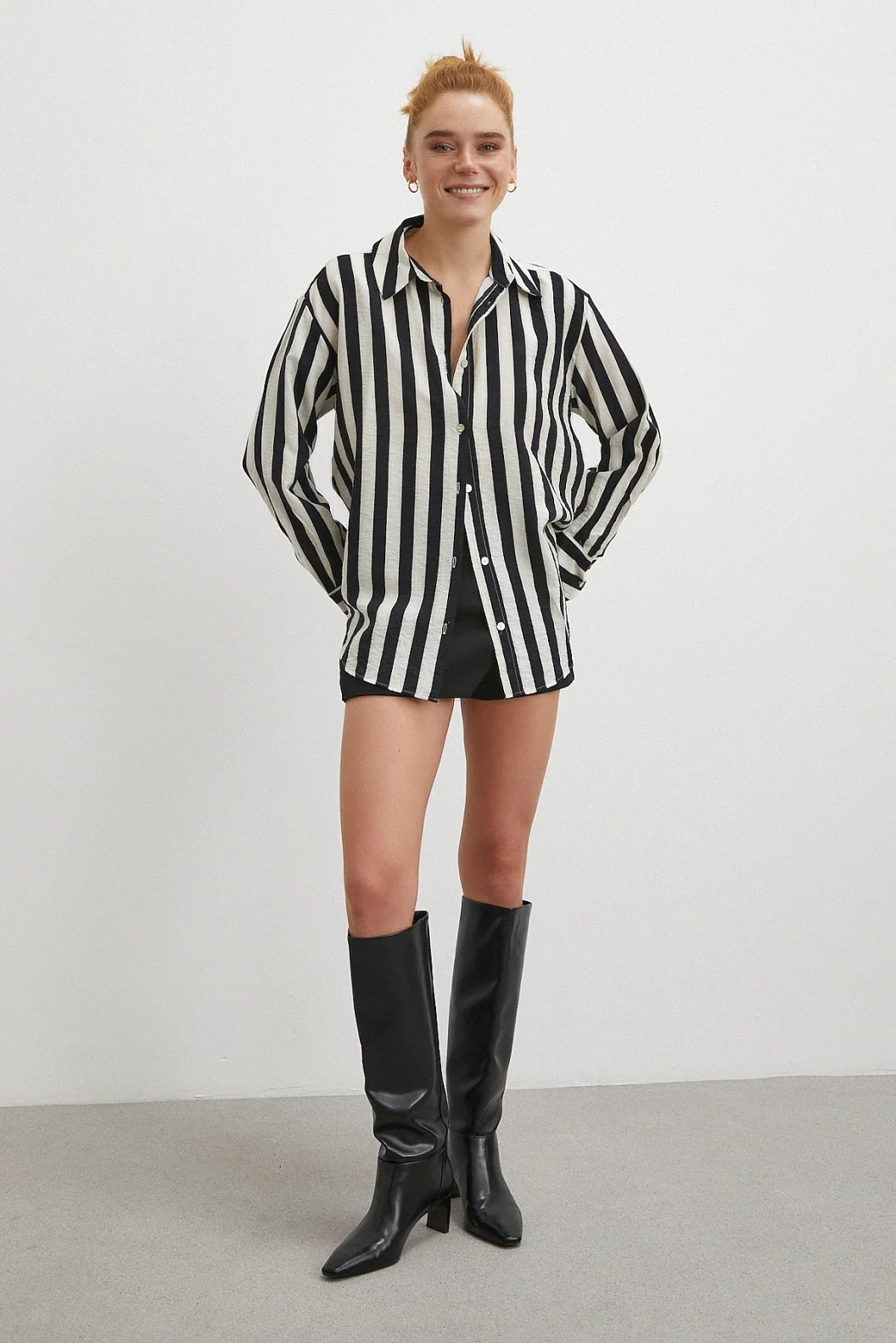 Çizgili Uzun Kollu Gömlek Siyah