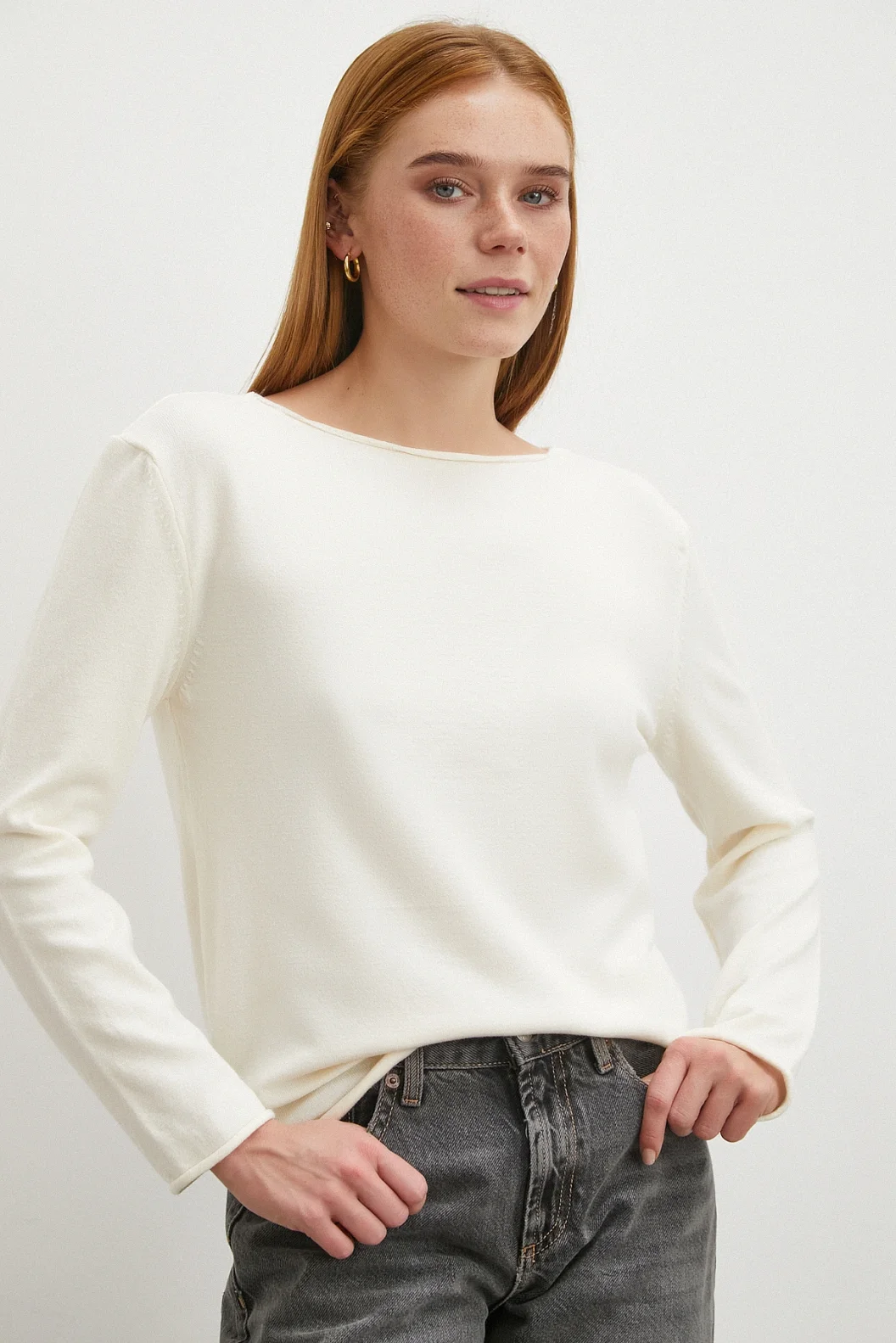 Kayık Yaka Uzun Kol Kazak Ekru