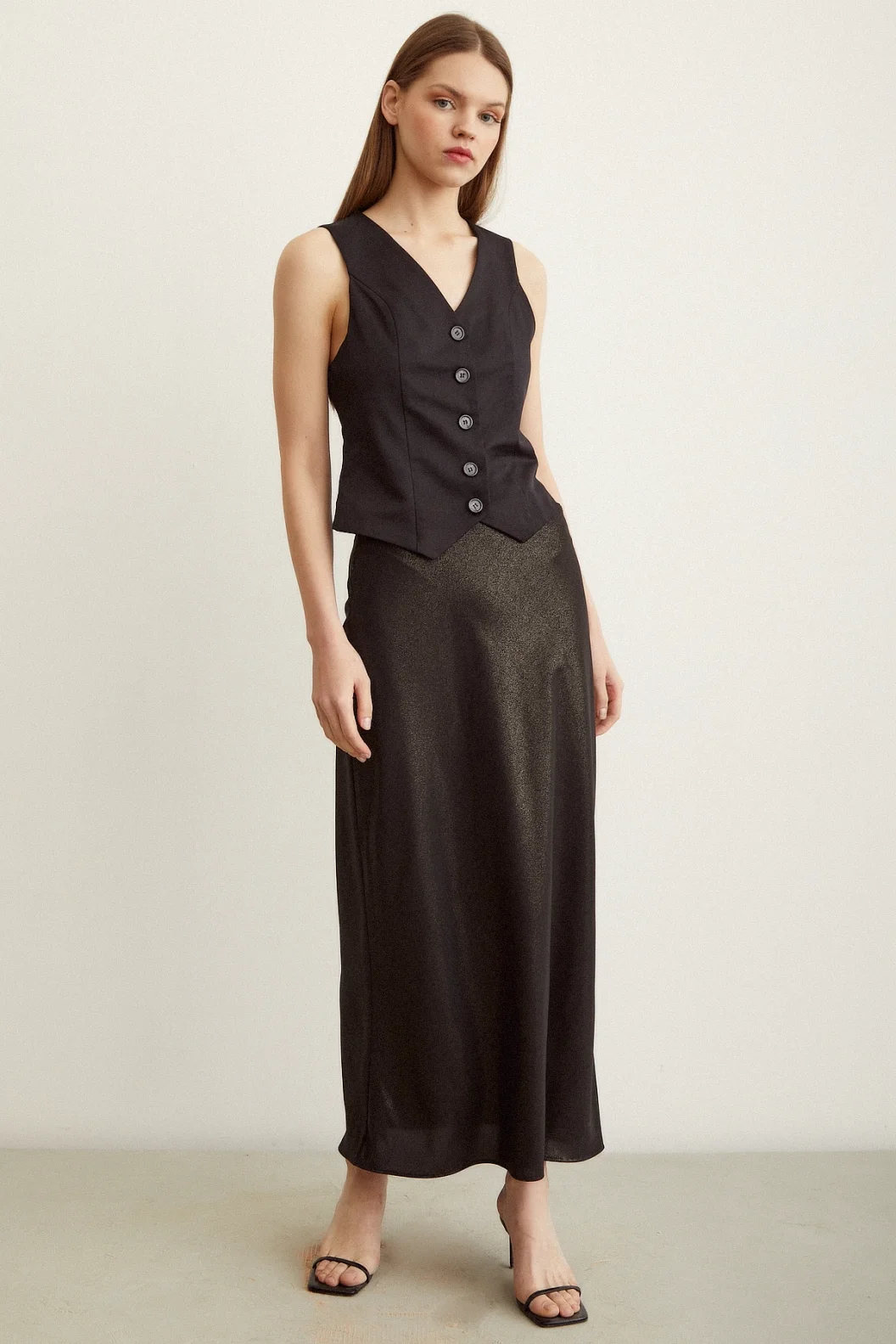 Shiny Bias Cut Skirt Gold Leaf