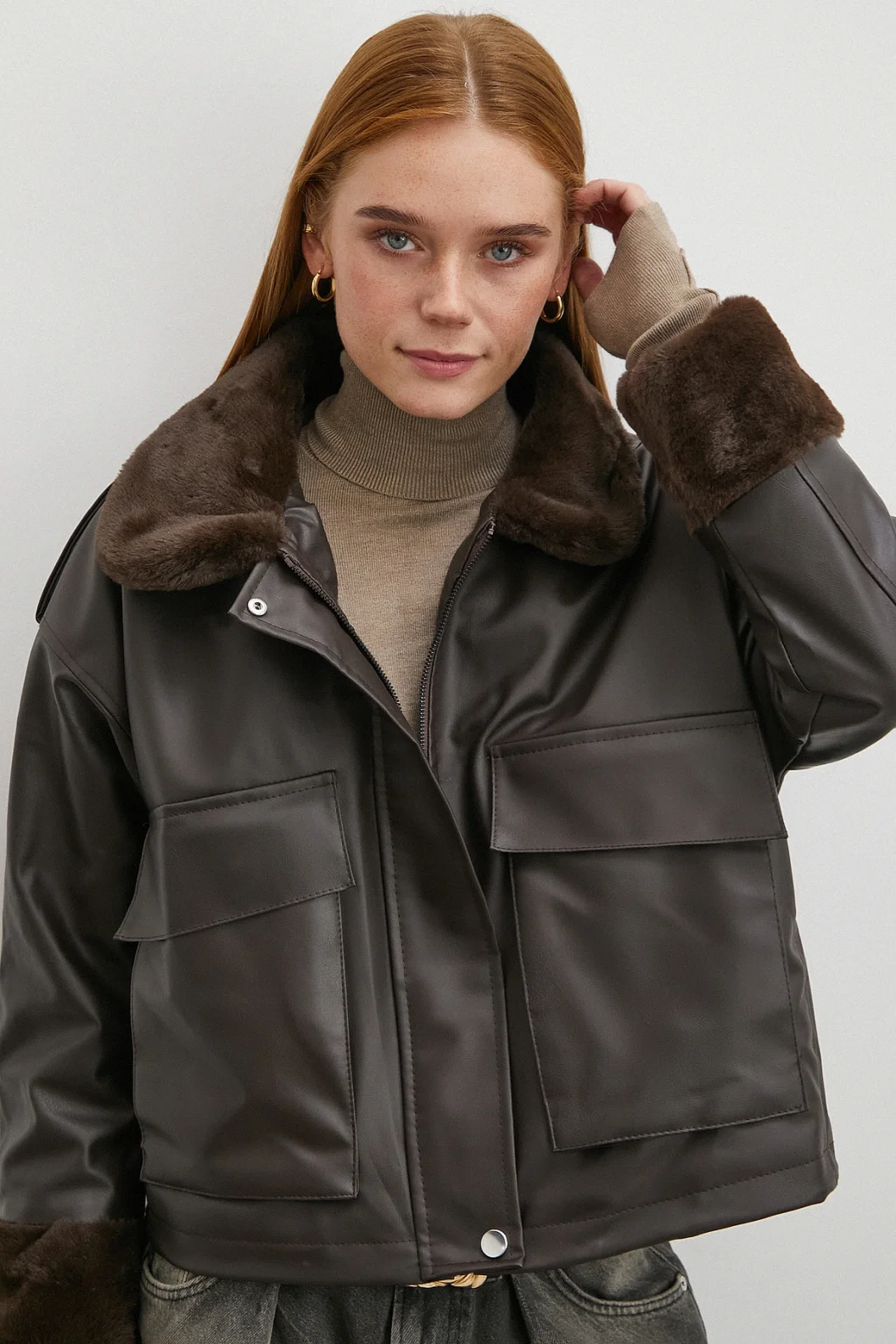 Kürk Detaylı Cepli Deri Mont Kahve