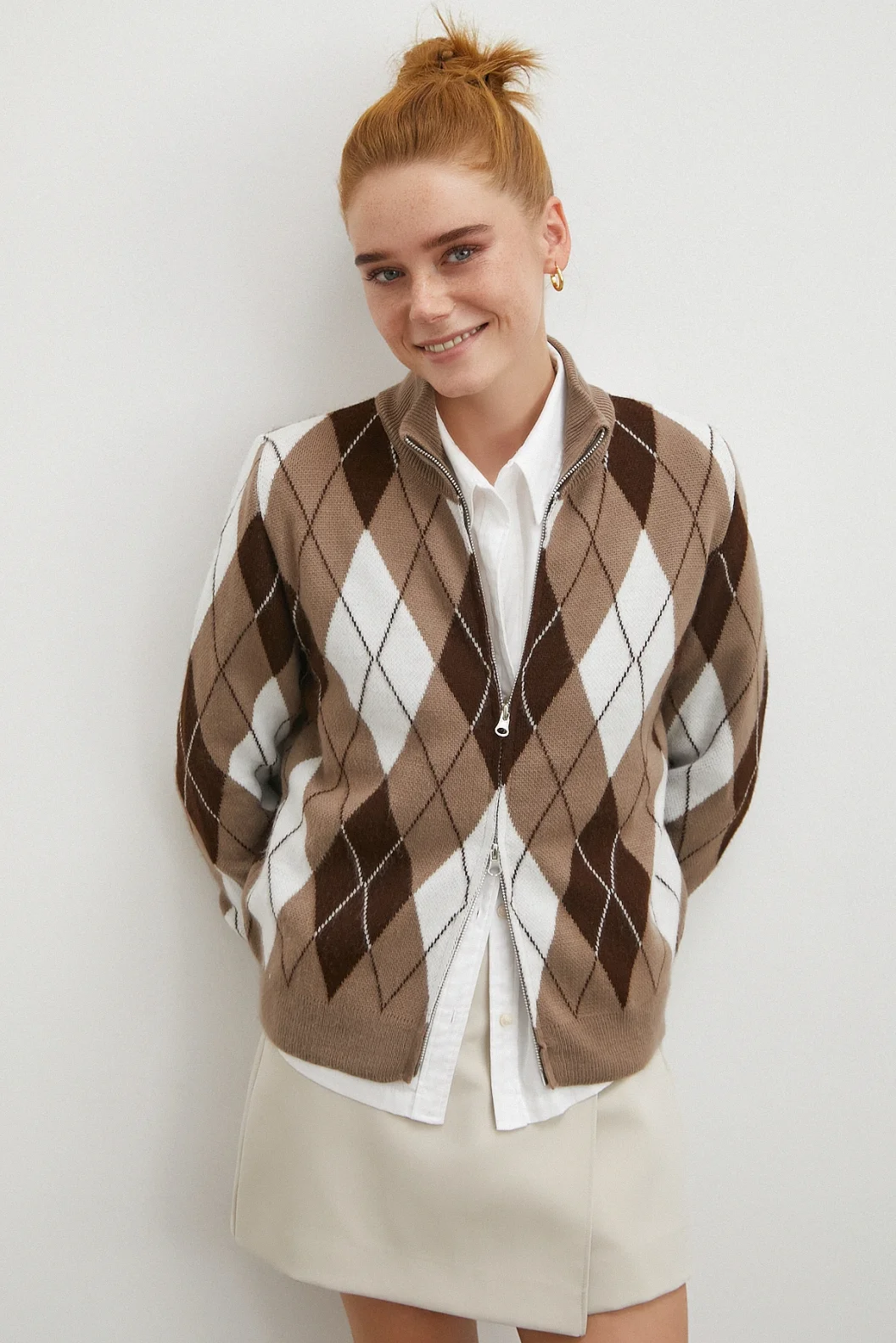 Fermuarlı Baklava Desen Kazak Kahve