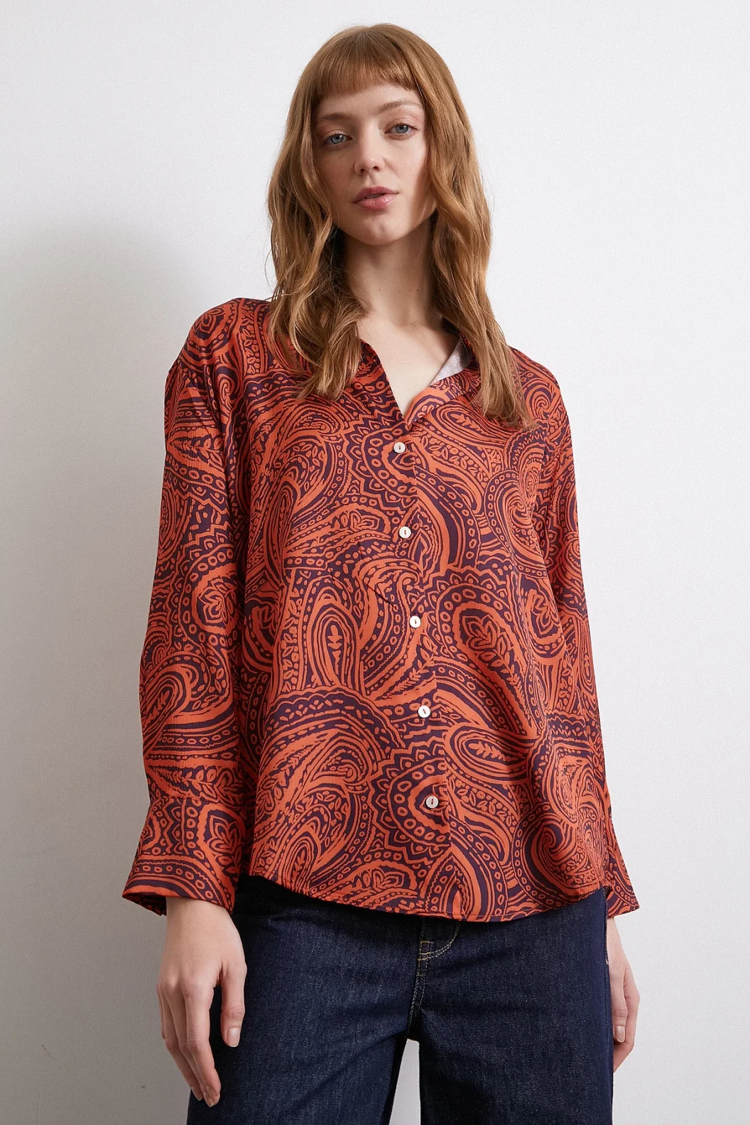 Bedruckte Waffel Satinbluse Orange