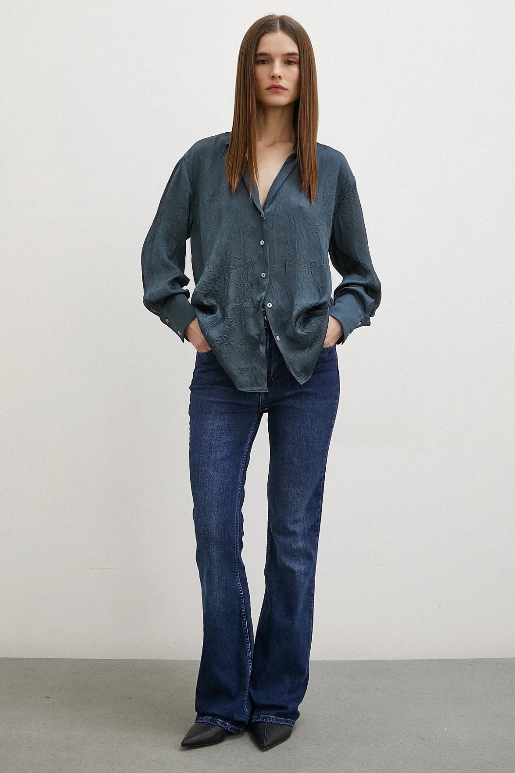 Crinkled Satin Shirt Petrol