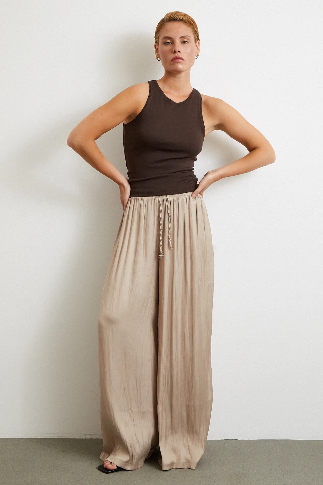 Elastic Waist Wide Legged Ruched Pants Beige