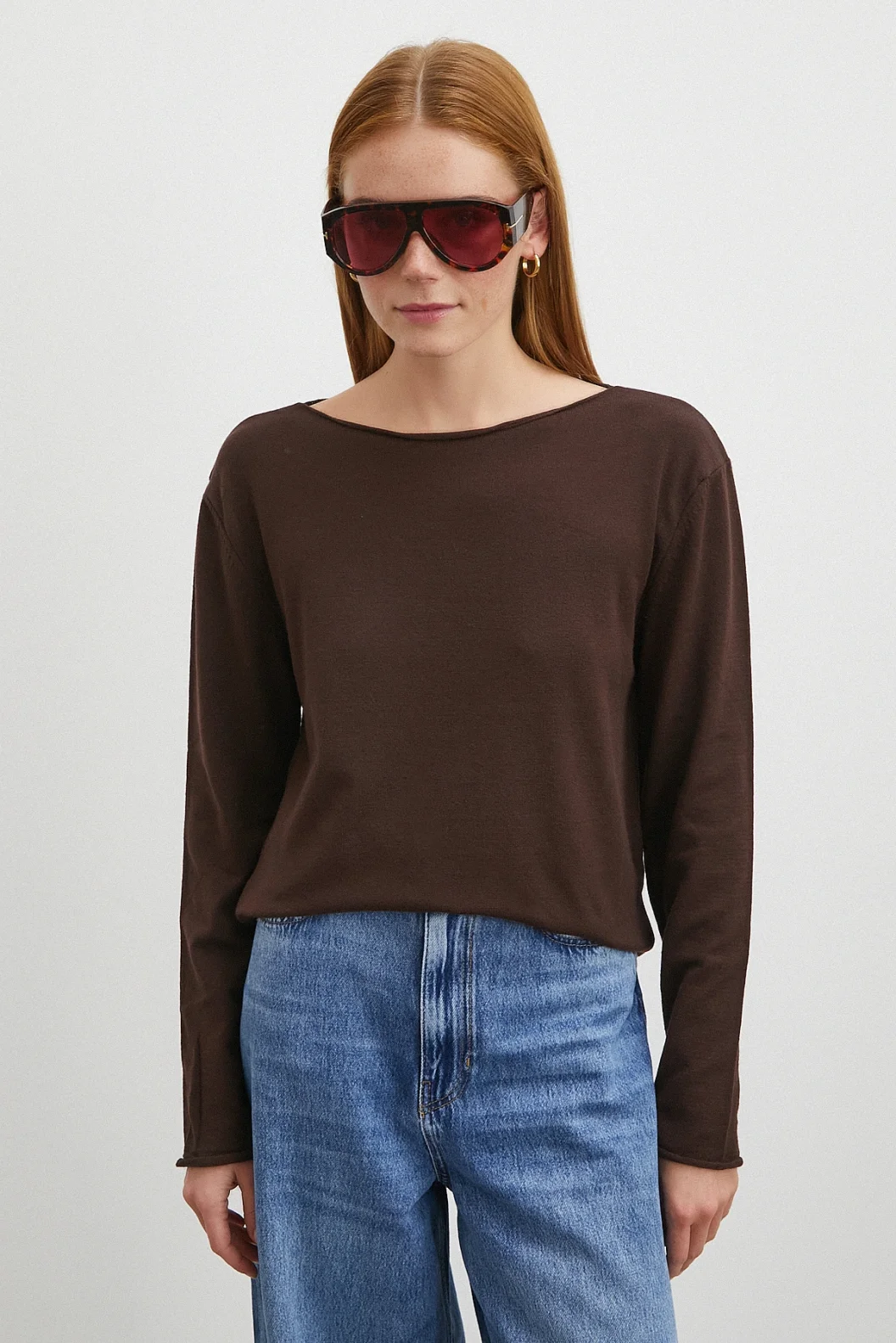 Kayık Yaka Uzun Kol Kazak Kahve