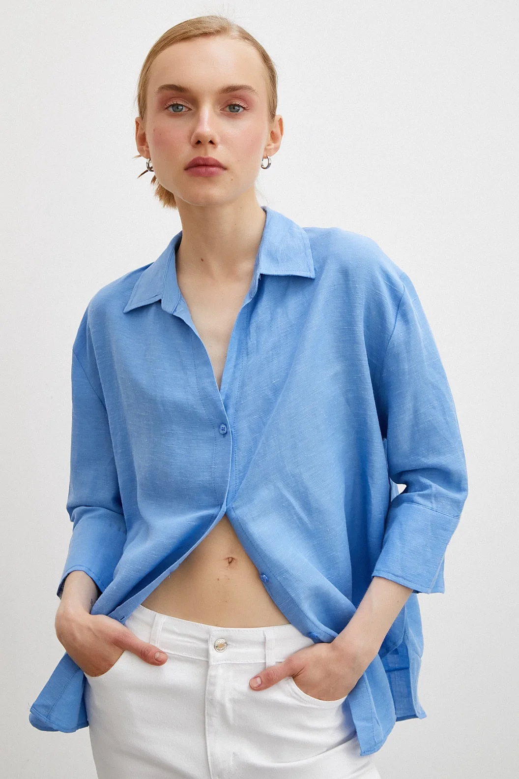 الفقیر كول قميص كتان أزرق