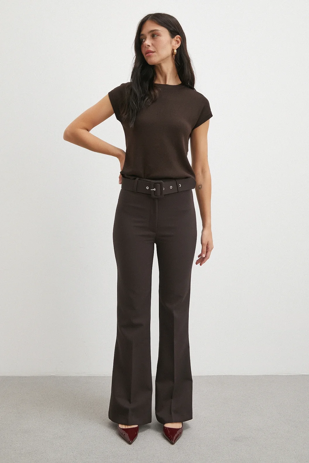 Kemerli İspanyol Paça Pantolon Kahve