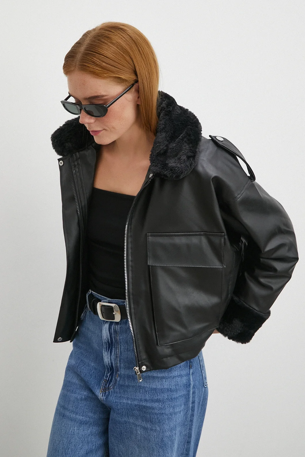 Kürk Detaylı Cepli Deri Mont Siyah
