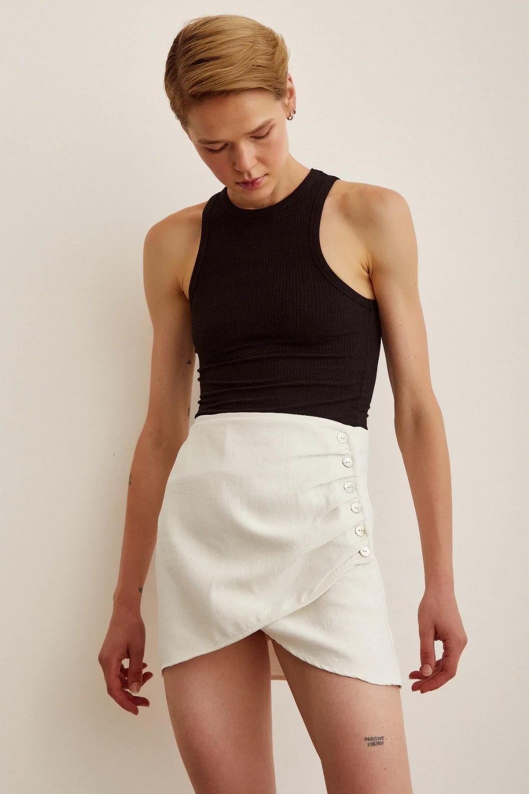 Front Pleated Buttoned Skirt Beige