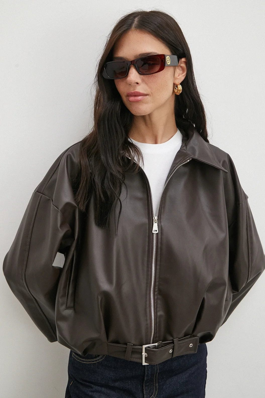 Yakalı Kemer Detaylı Deri Ceket Kahve