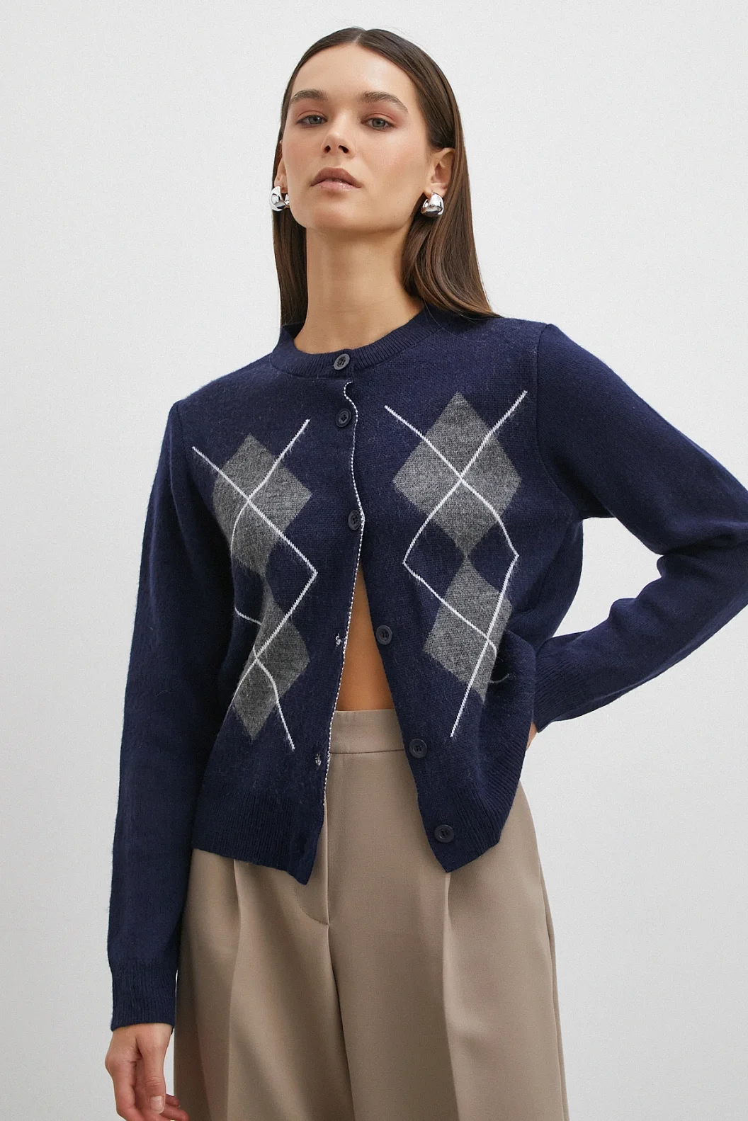 Düğmeli Baklava Desenli Hırka Lacivert