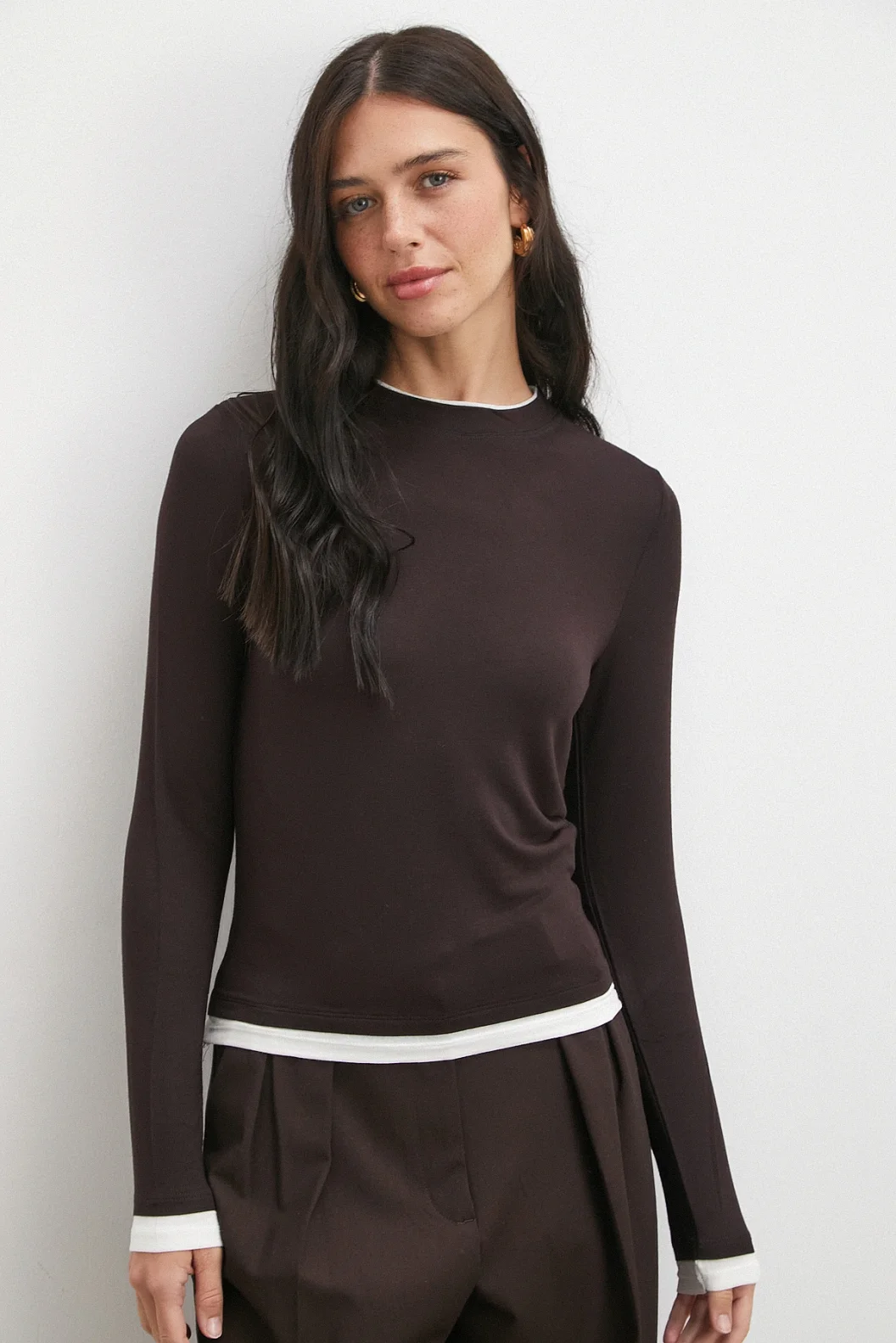 Garnili Bisiklet Yaka Bluz Kahve