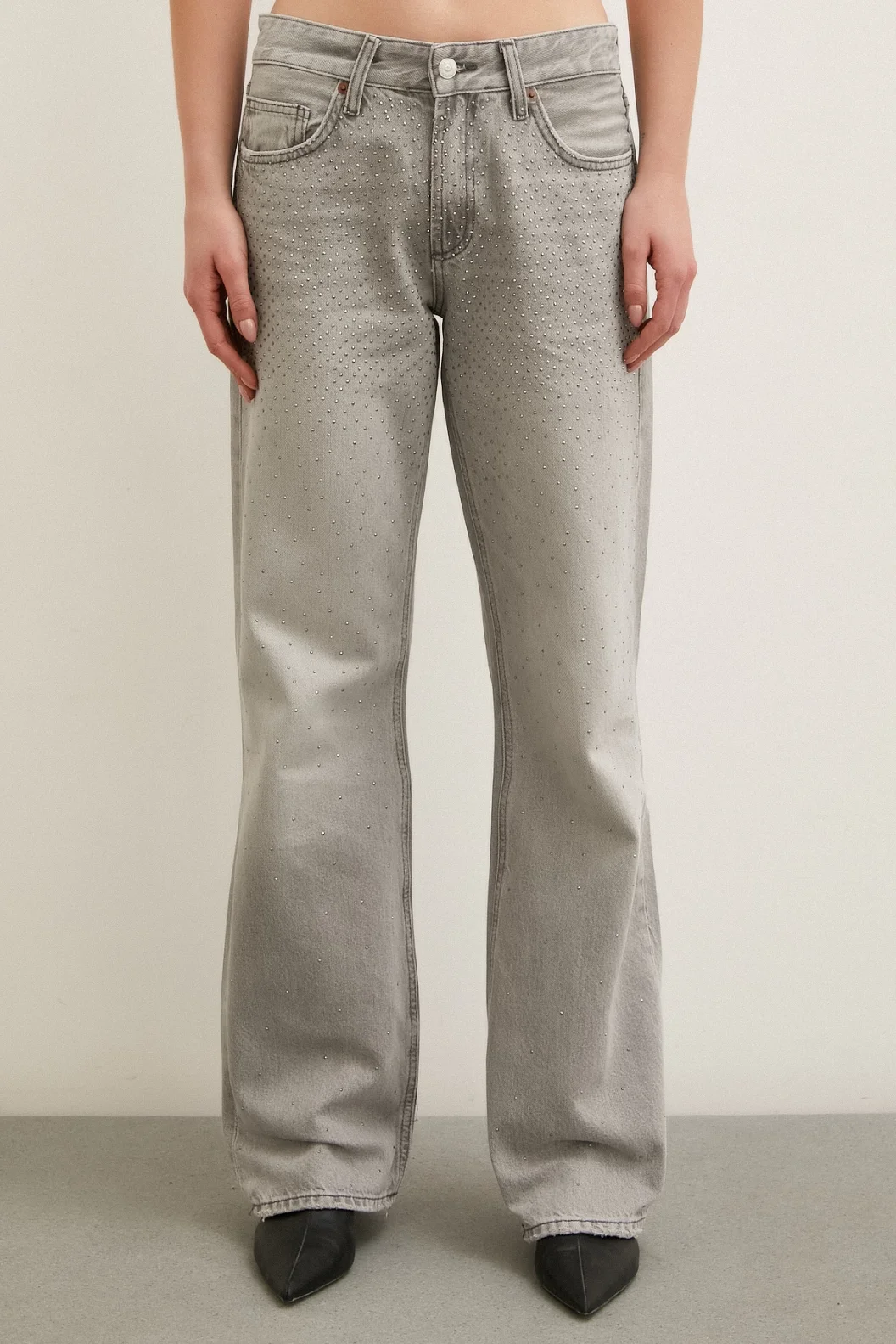 Stone Detailed High Waisted Wide Leg Jeans Smoke