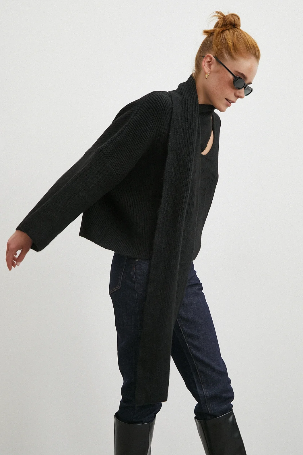 Fitilli Şal Yaka Kazak Siyah