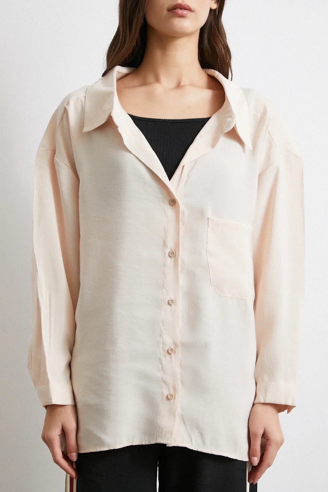 Oversize Cepli Modal Gömlek Bej