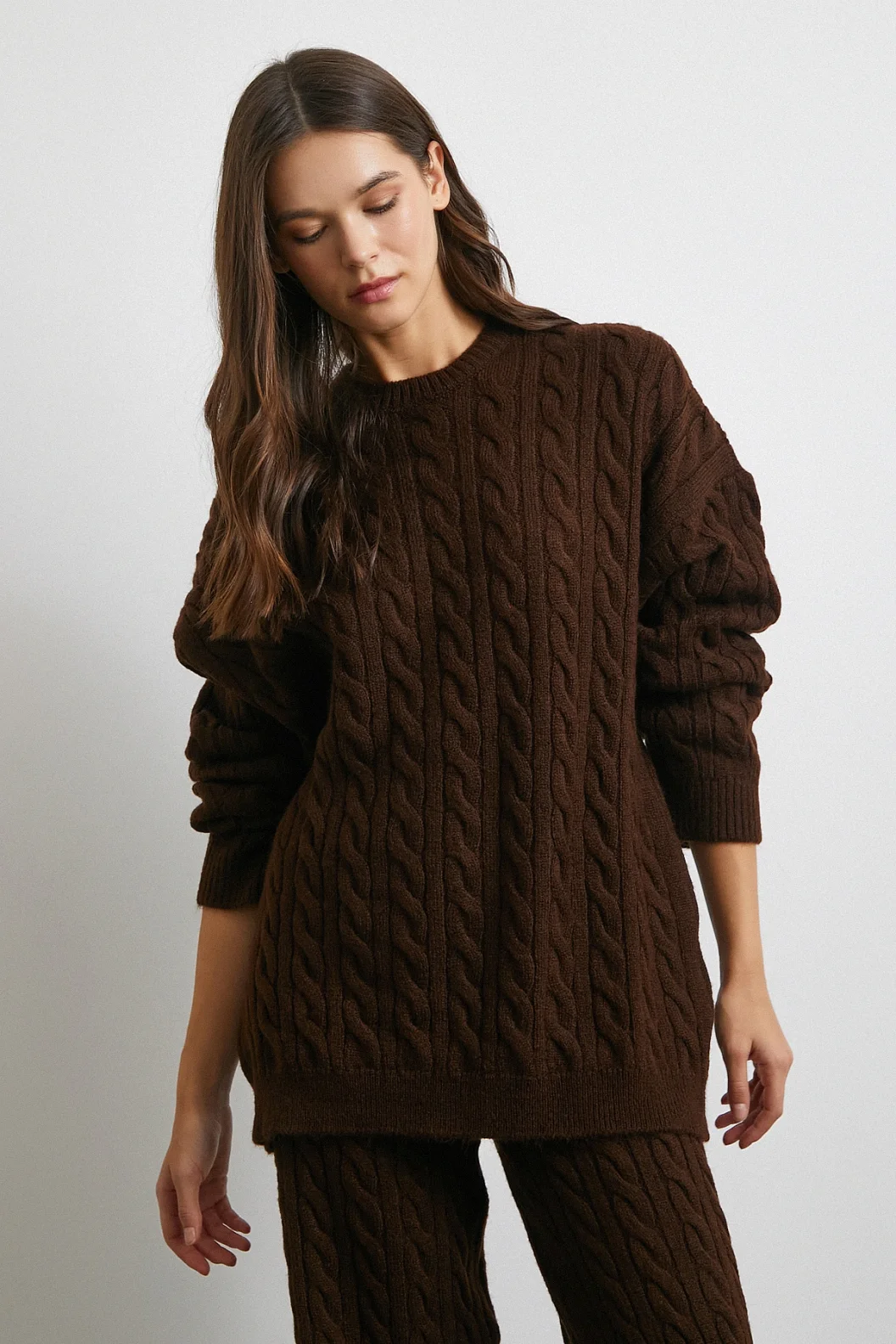 Desenli Şardonlu Triko Takım Kahve