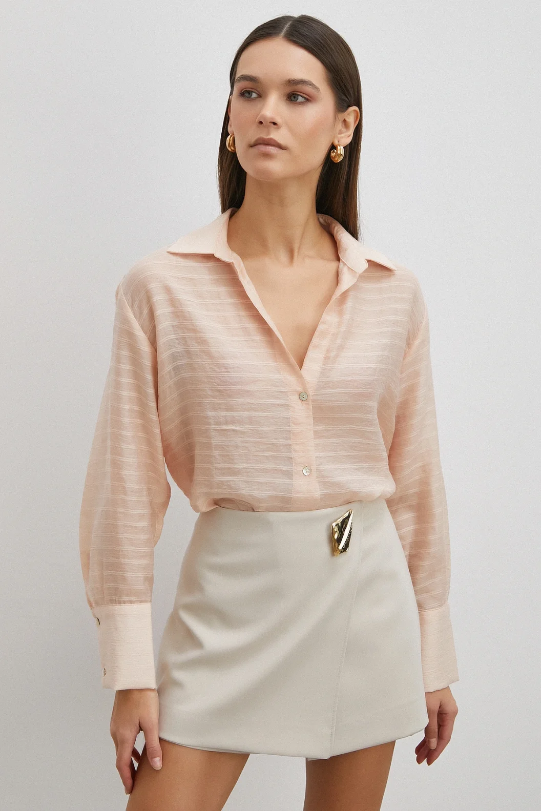 Kabartma Çizgili Gömlek Pudra